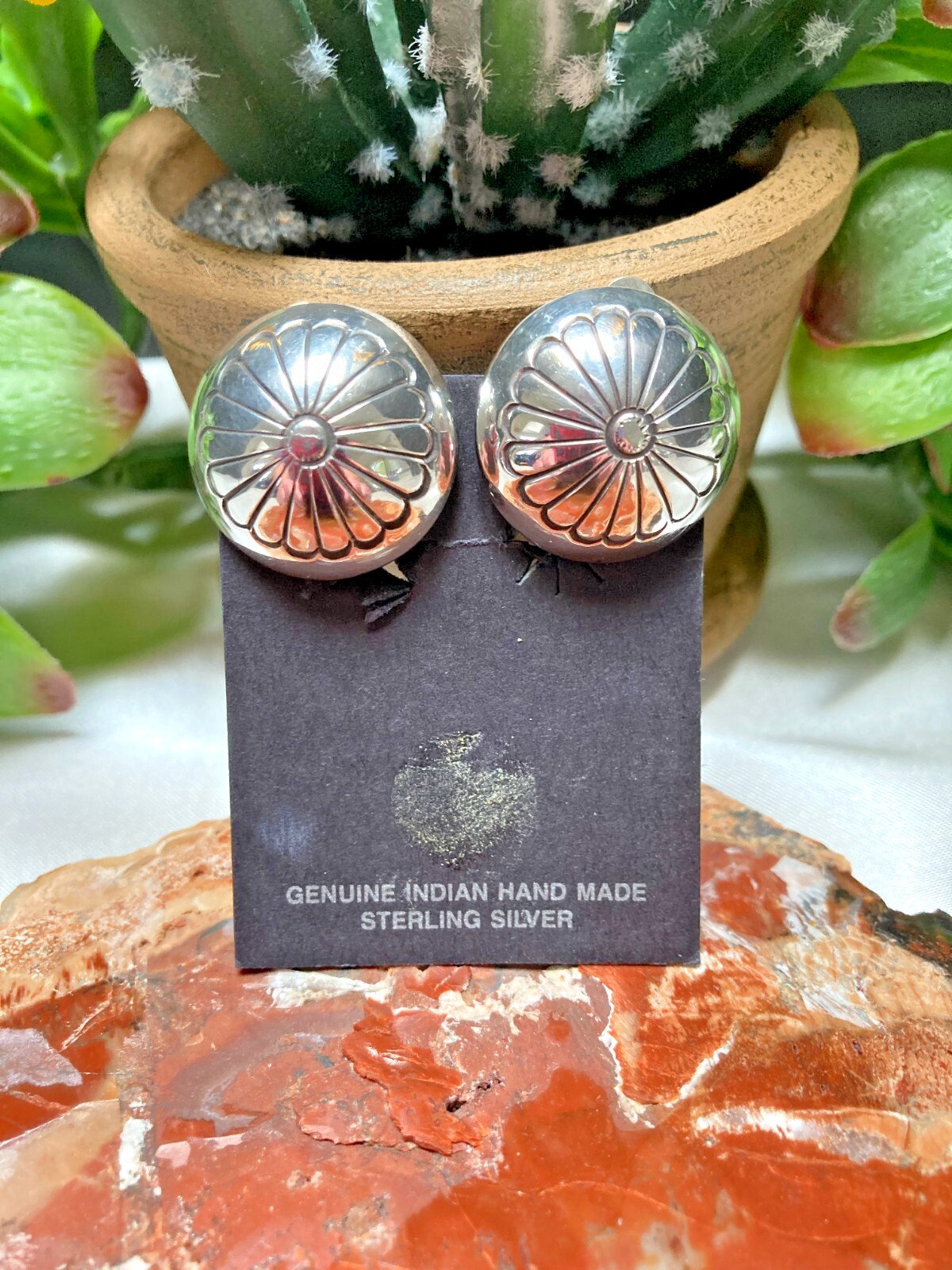 Vintage Navajo Sterling Silver Concho Style Clip Back Button Earrings