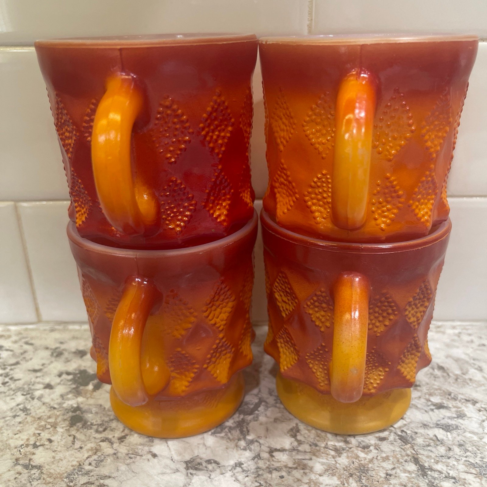 Vtg Anchor Hocking Kimberly Fire King (4) coffee mugs Orange/Red Diamond