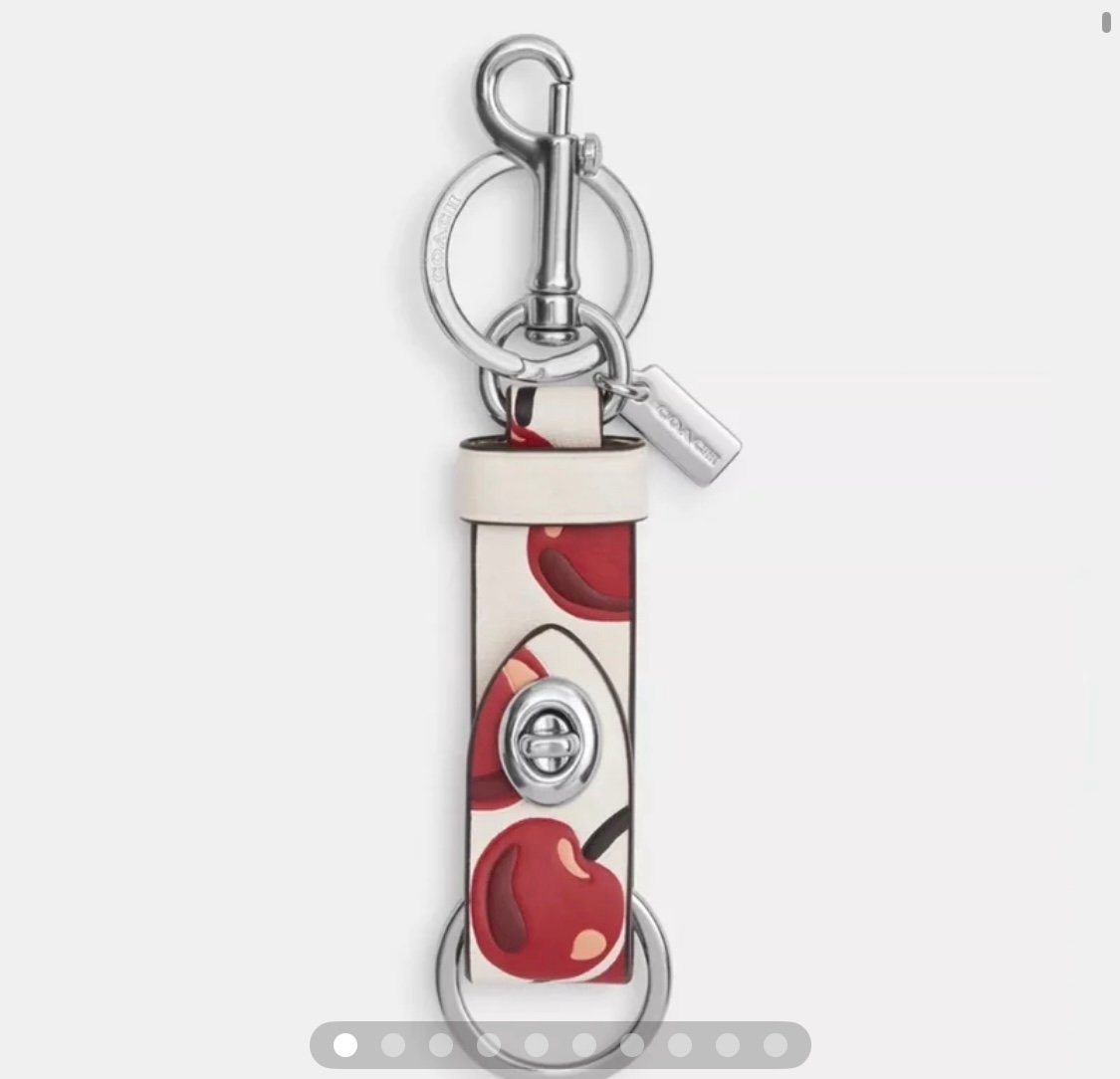 Coach Trigger Snap Bag Charm with Cherry Print Smooth Leather Silver/Chalk NWT