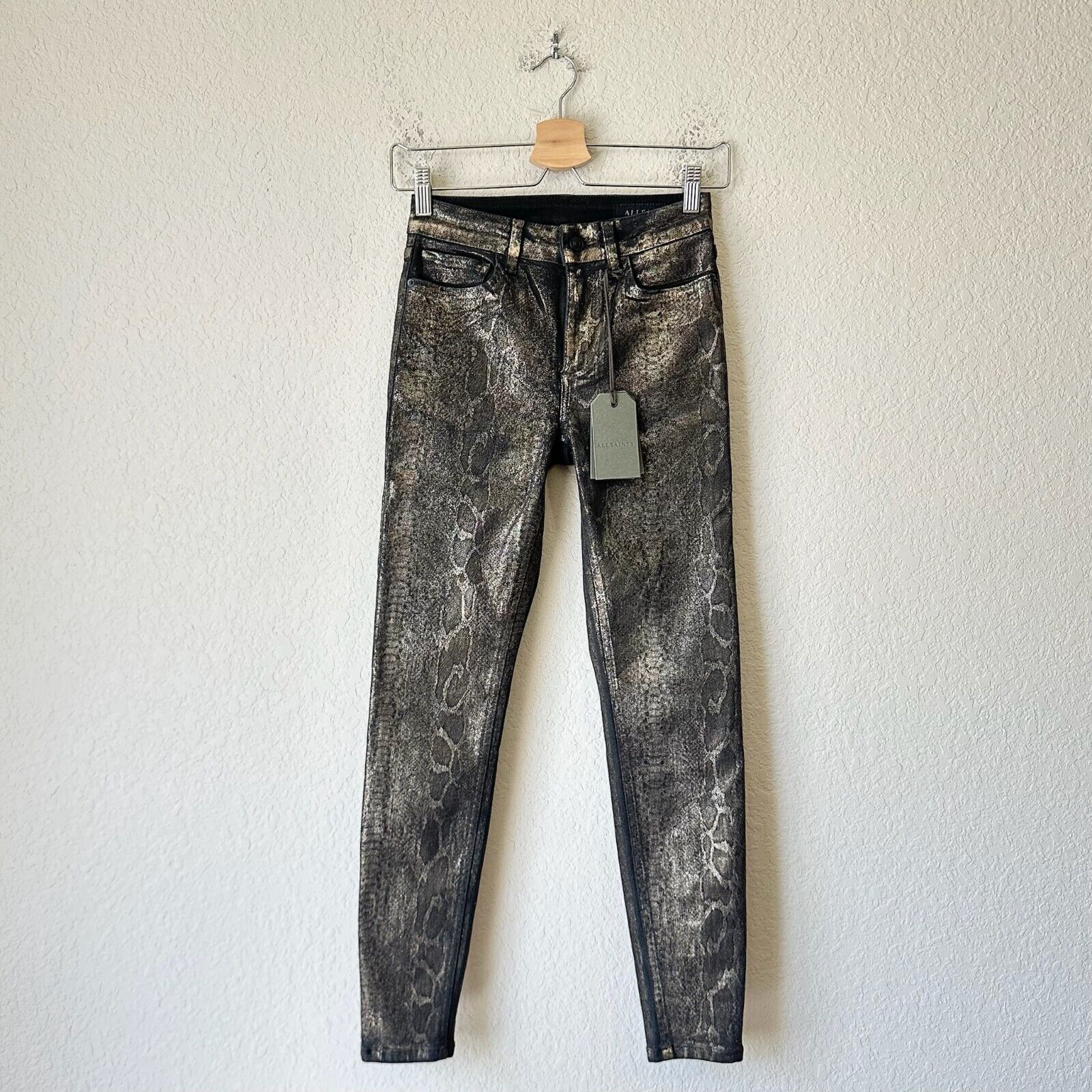 ALLSAINTS Miller Snake Jeans Womens Sz 25 Black Gold Skinny Mid Rise Goth NWT