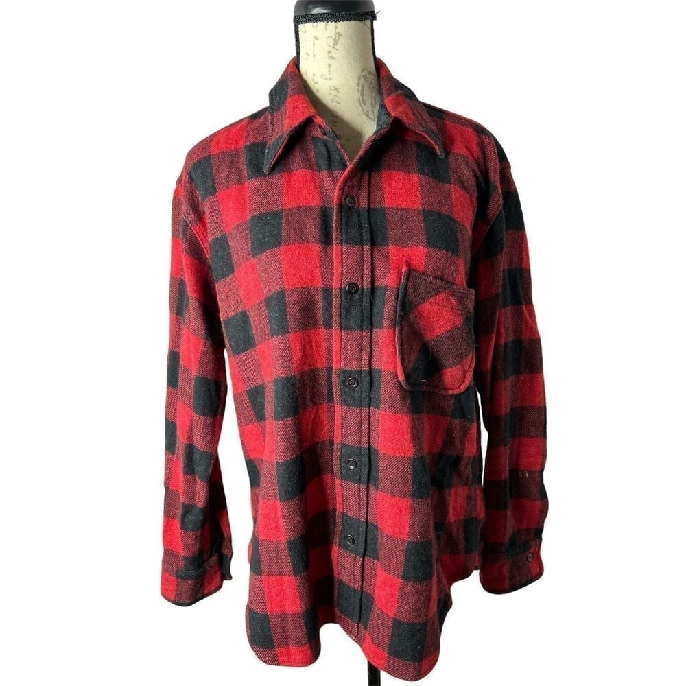 VTG Sears Kings Road Shop Wool Buffalo Flannel Shirt 70s Button Up Shirt 16.5