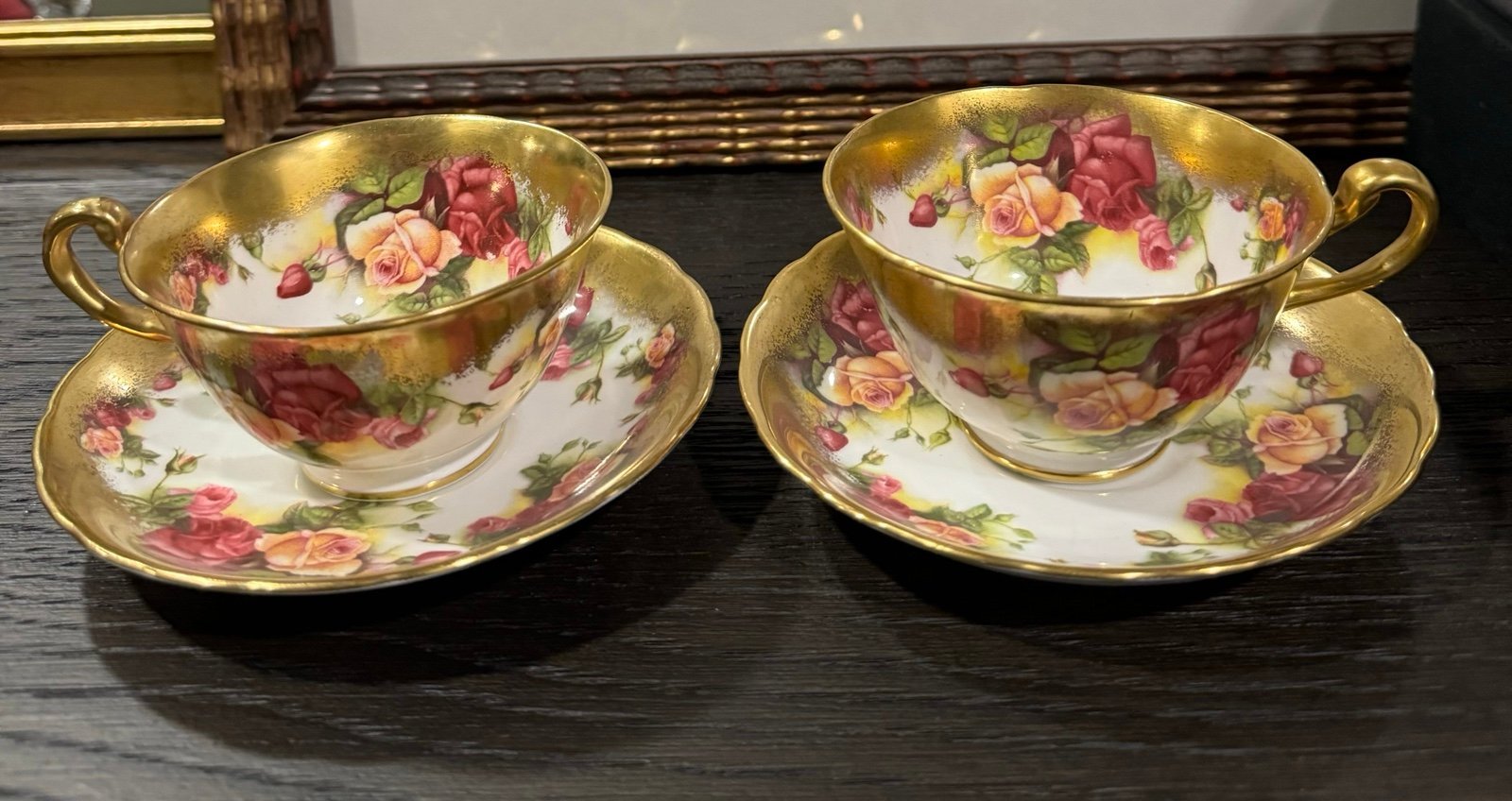 2 Sets Royal Chelsea Golden Rose 2 Teacups & 2 Saucers