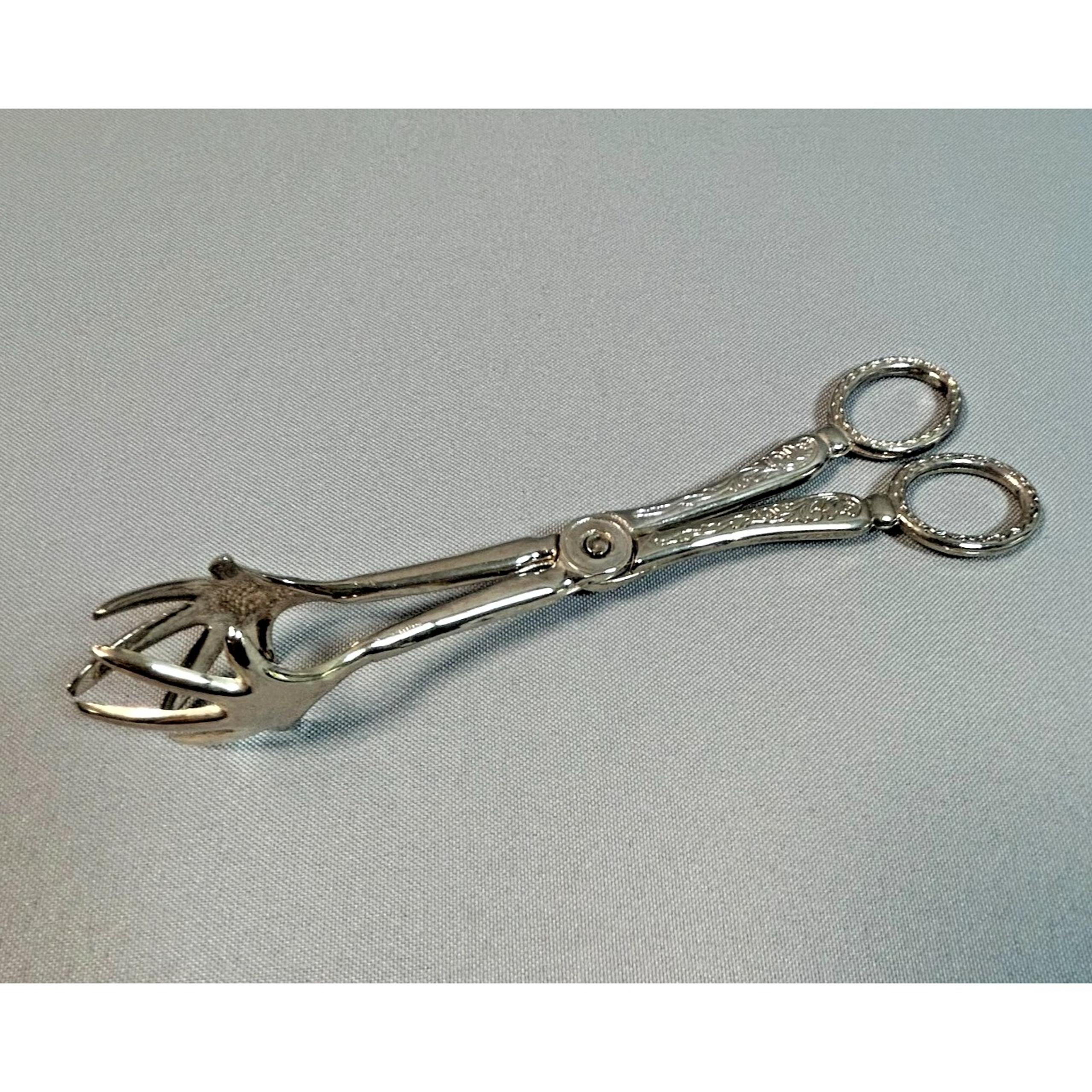 Vintage Scissor Sugar Tongs Bird Claw Silver Plated Engraved Designs 7-1/2" Long