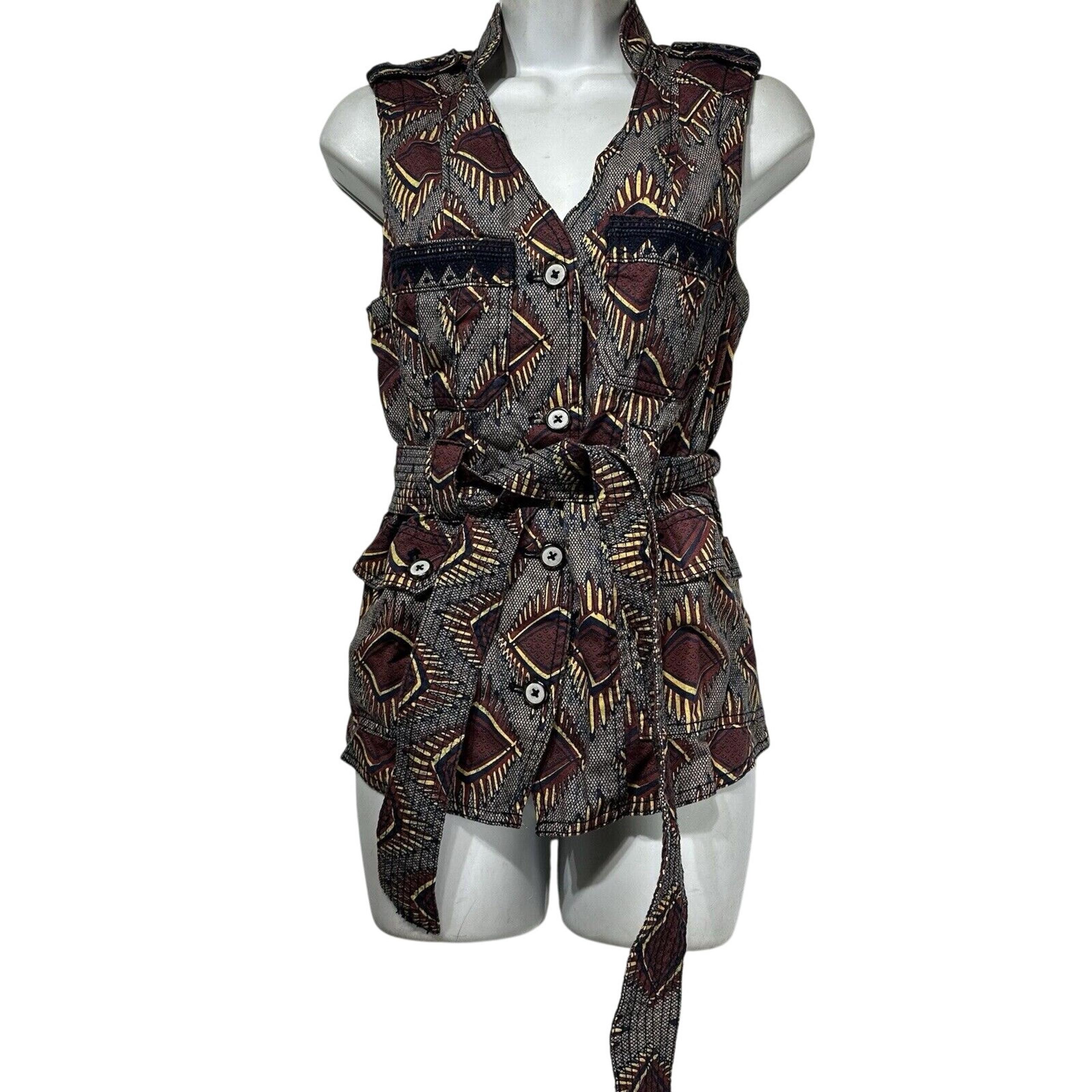 Anthropologie Elevenses Geo Safari Brown Motif Belted Vest Womens Size XS