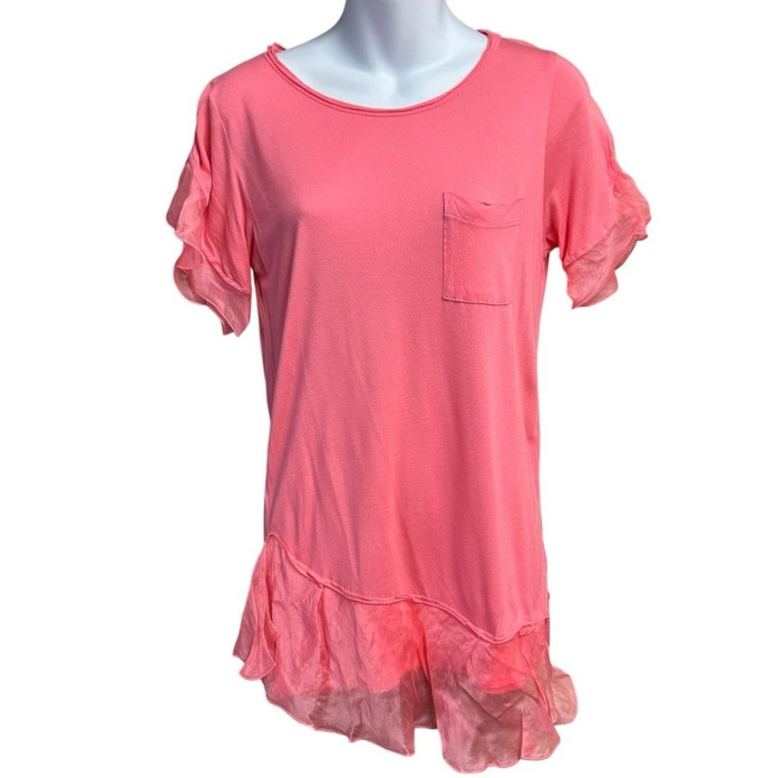 Red Valentino Top Womens Large Coral Ruffle Asymmetrical Tunic Stretch Colorful