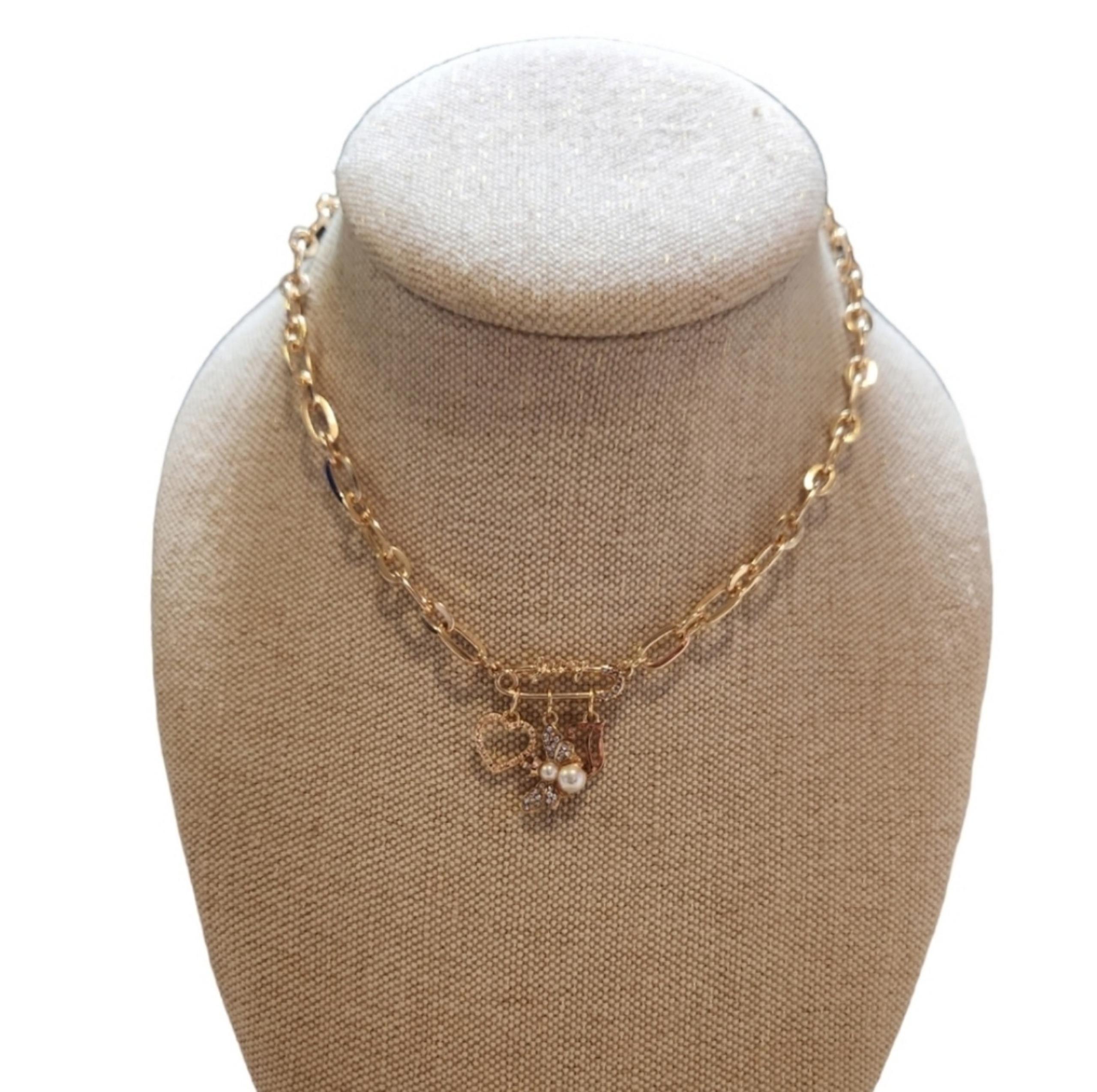 Juicy Couture Gold Toned Juicy Charm Link Necklace Bling Butterfly Monogram J