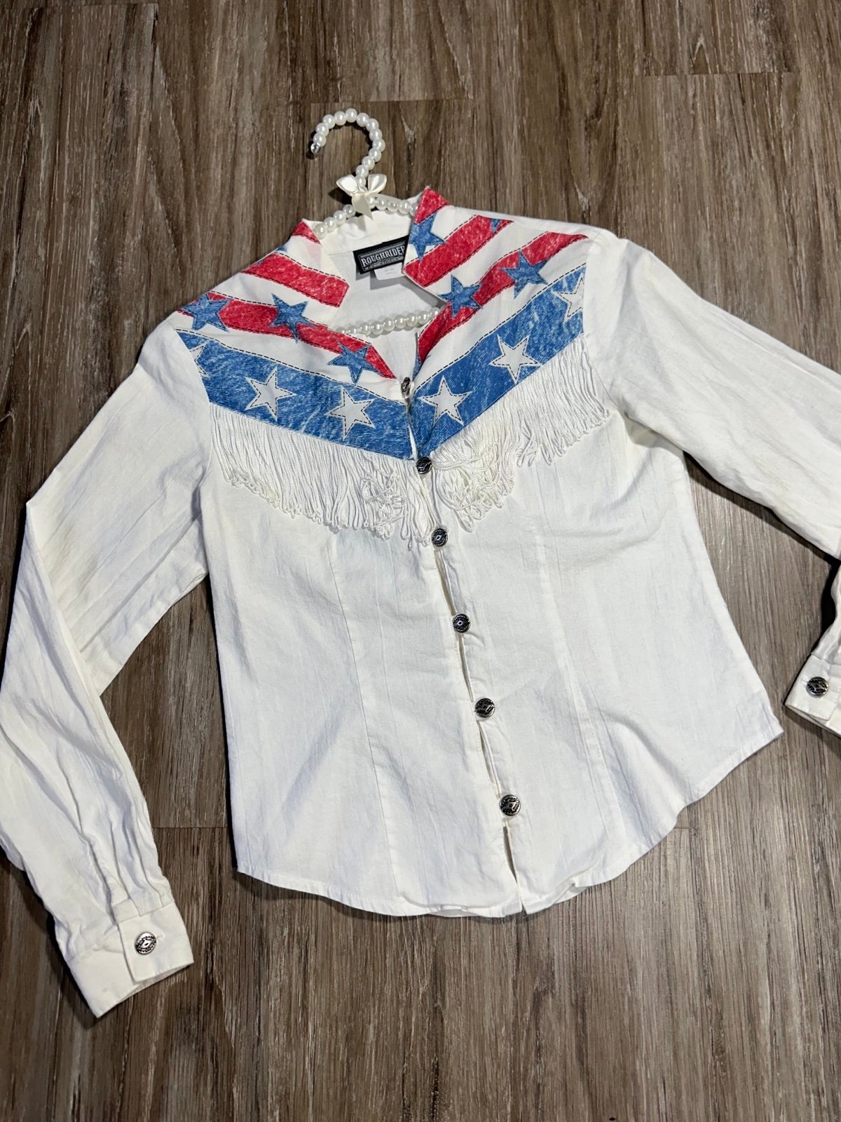 Vintage Roughrider USA Stars Fringe Western Button Up Shirt Junior Women’s Small