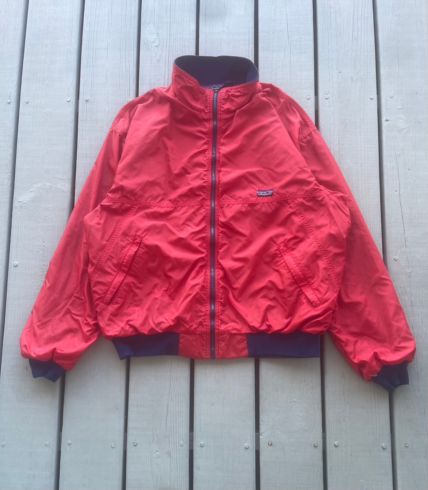 Vintage 90s Patagonia Blue Fleece Lined Red Bomber Jacket XL Made In USA *READ*