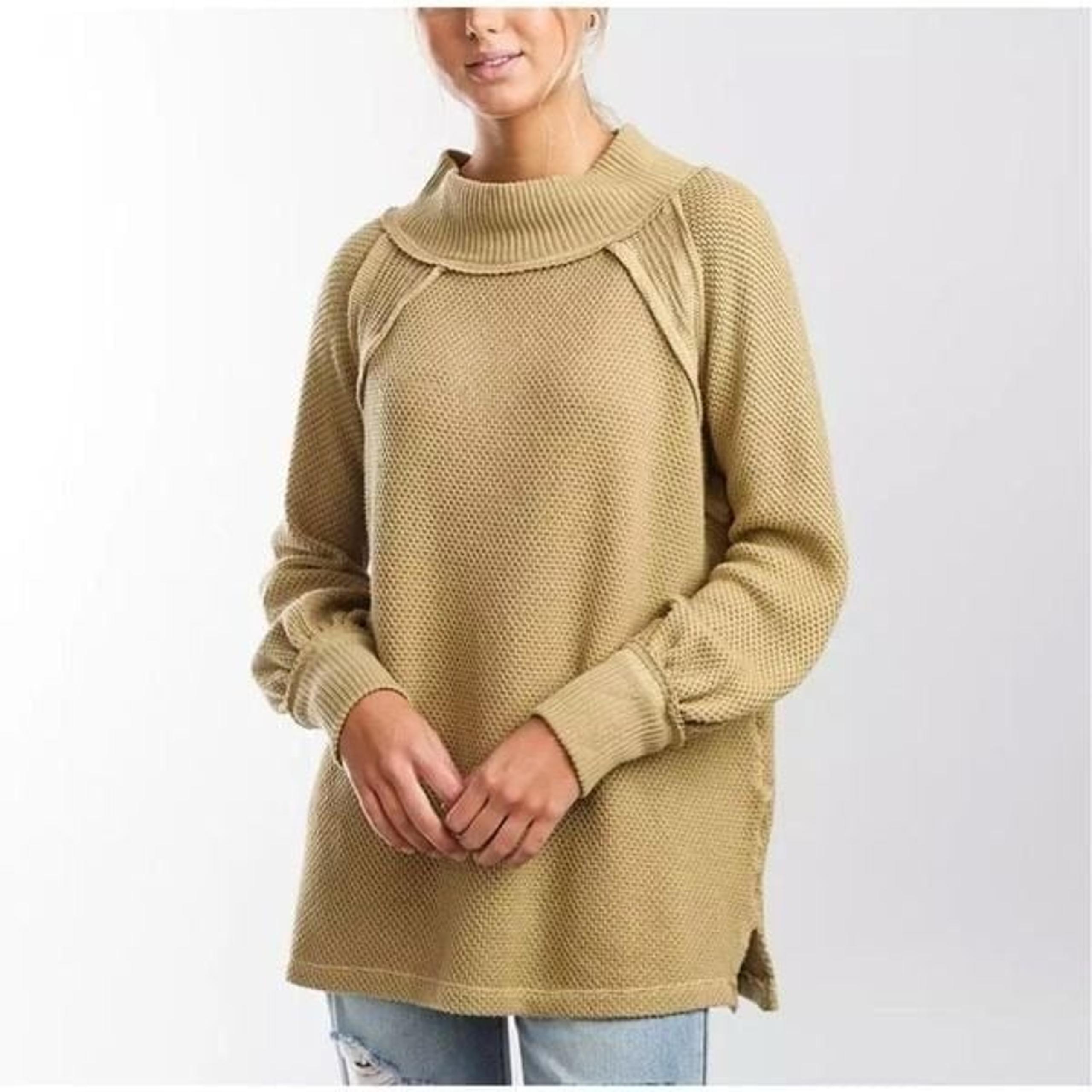 Free People Sweater Women Medium Tan Beige  Mock Neck Oversized She's a Keeper