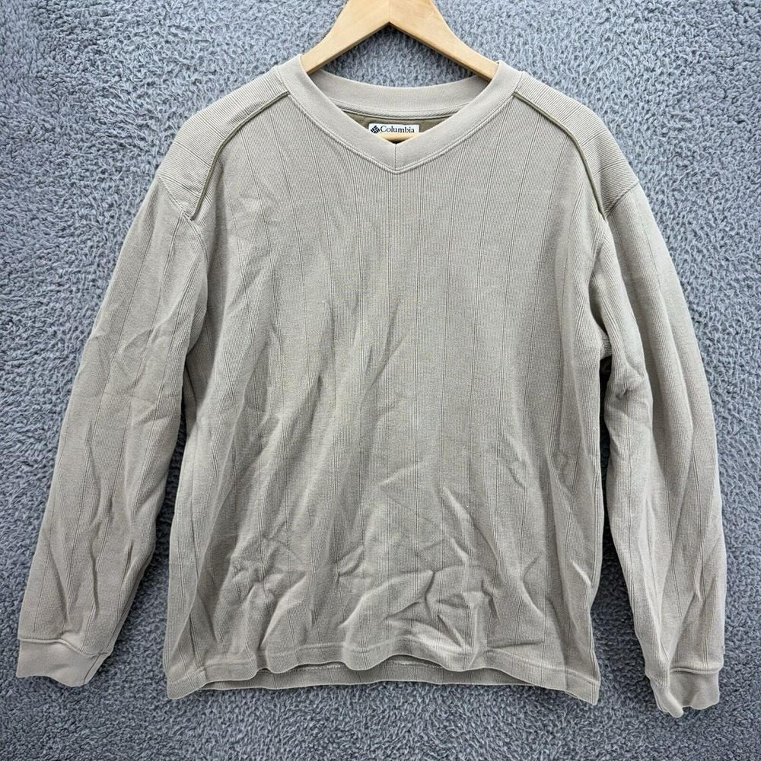 Columbia Men's Large Pullover Ribbed Knit Tan Brown Sweater V-Neck Long Sleeve