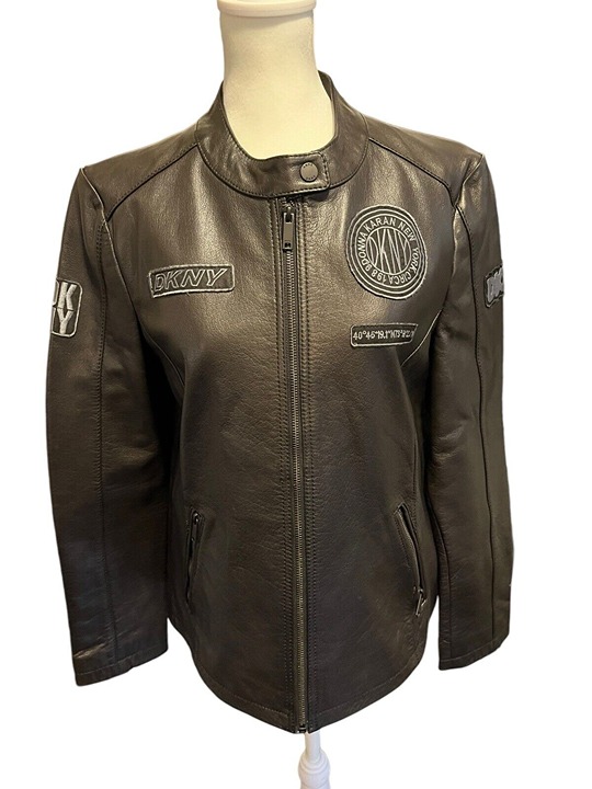 DKNY Women's Large Genuine Leather Biker Jacket Black with Patches Full Zipper