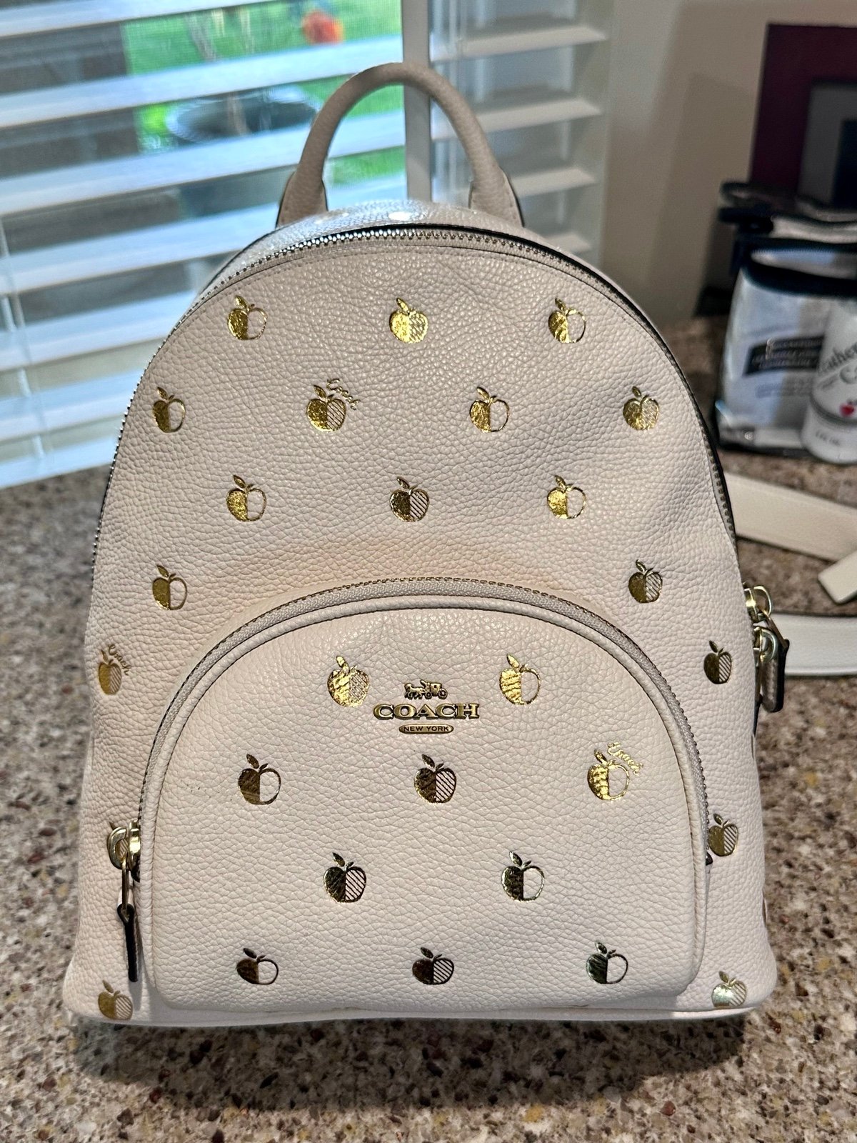 Coach Carrie Backpack 23 with Apple Print Chalk/Gold
