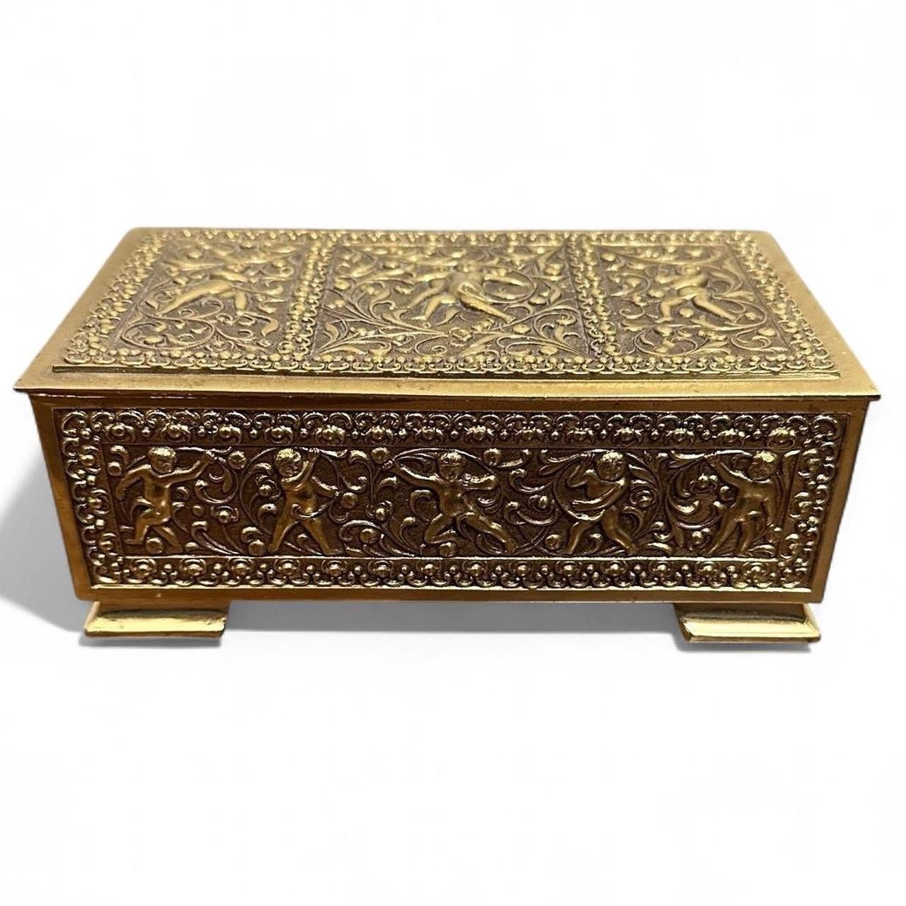 Vintage Ornate Brass Music Box with Velvet Lining
