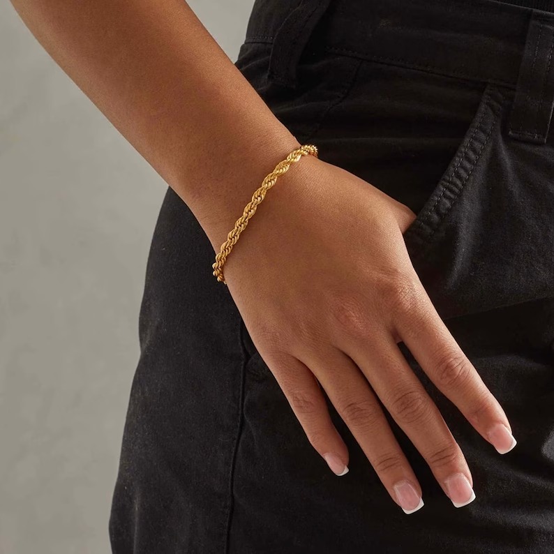 Chunky Rope Chain Bracelet, Gold Thick Rope Chain Bracelet, Stainless Steel 18K