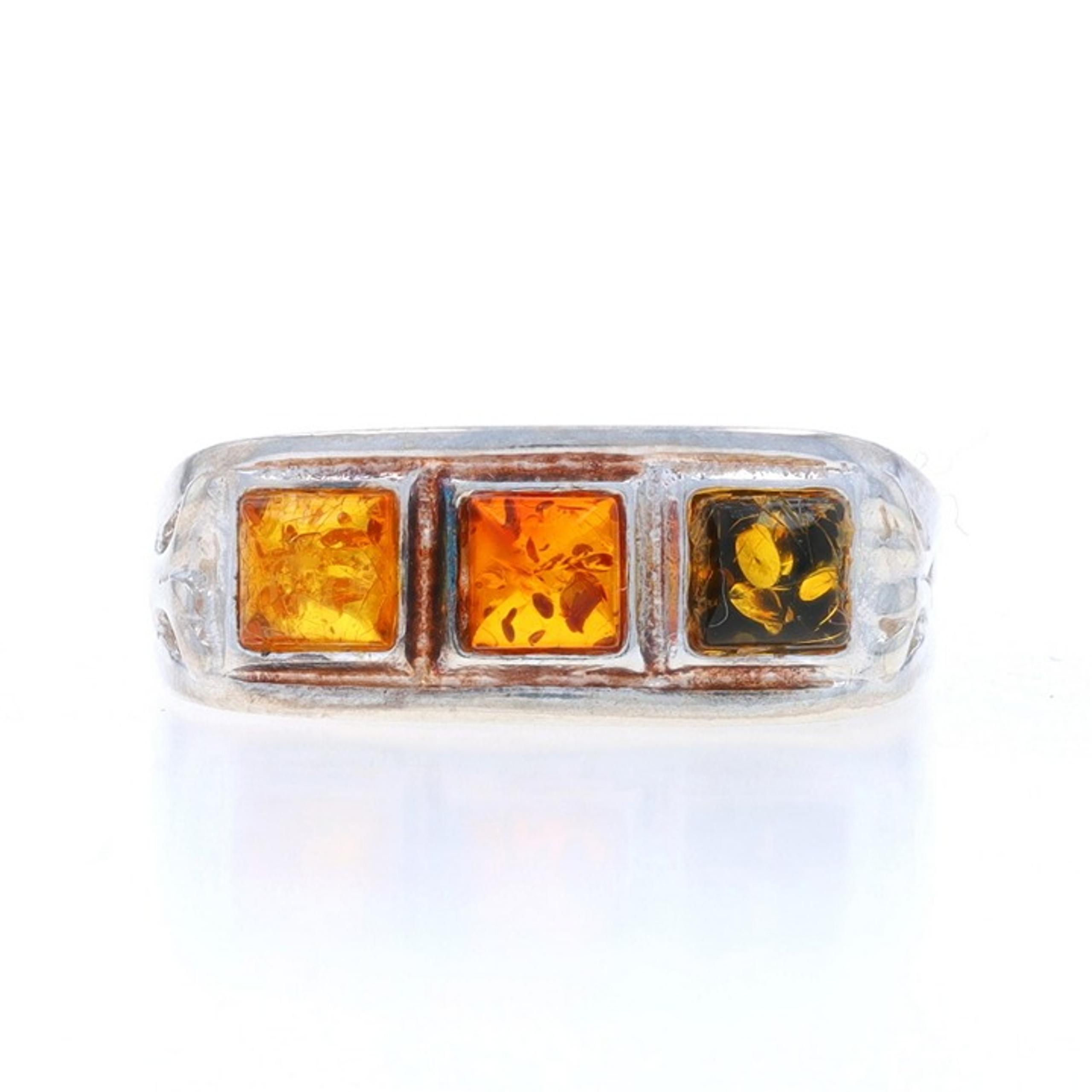 Sterling Silver Amber Three-Stone Band - 925 Square Cabochon Ring Sz 7 LX3070