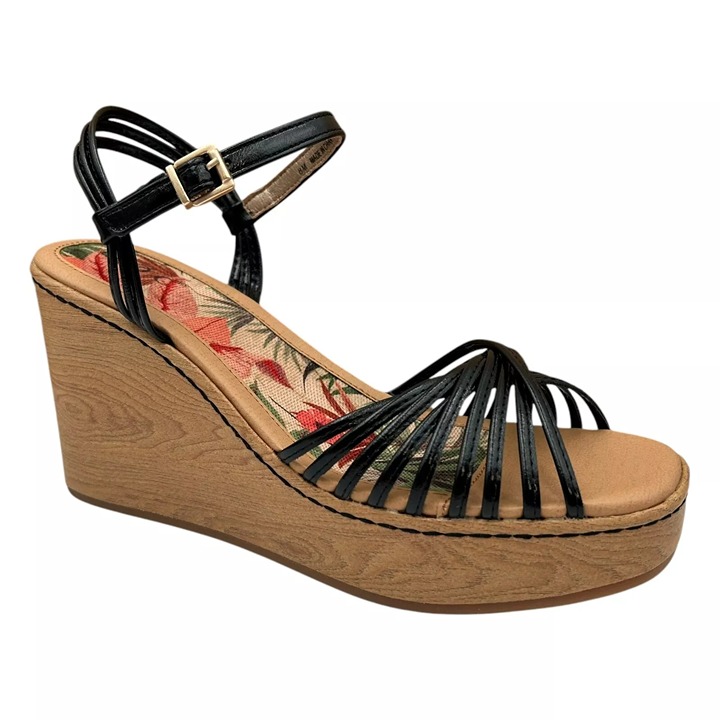 BOC Catalina Women's Platform Wedge Sandal Size 7 Black/Tan Glossy Straps Twist