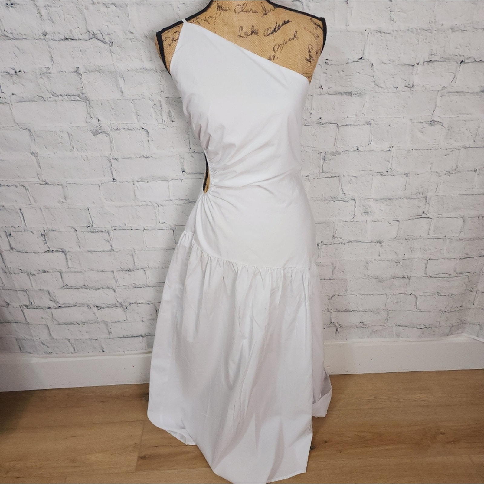 Commense maxi dress Sz S white one shoulder cutout fit and flare A33