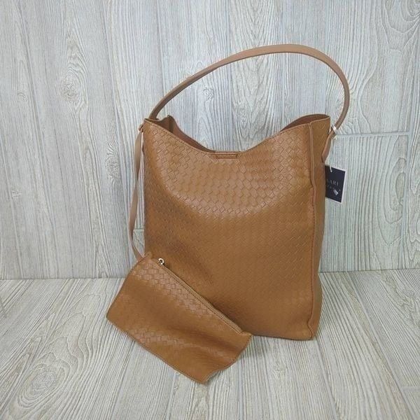 Kaari Womens Faux Leather Bucket Bag Handbag Taupe Diamond Pattern with Wallet