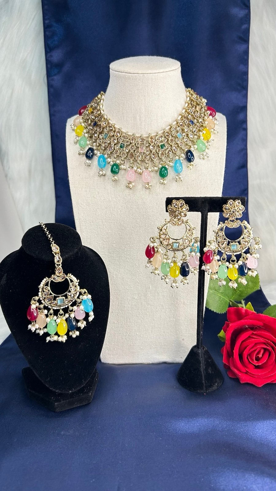 Beautiful Multi Gold Polki Necklace With Earrings And Tikka.