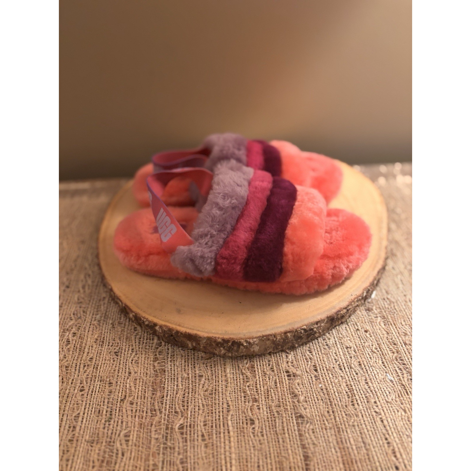 Ugg Fluff Yeah Sheepskin Slides Pink/ Purple/ Rainbow  Kids Sz 3