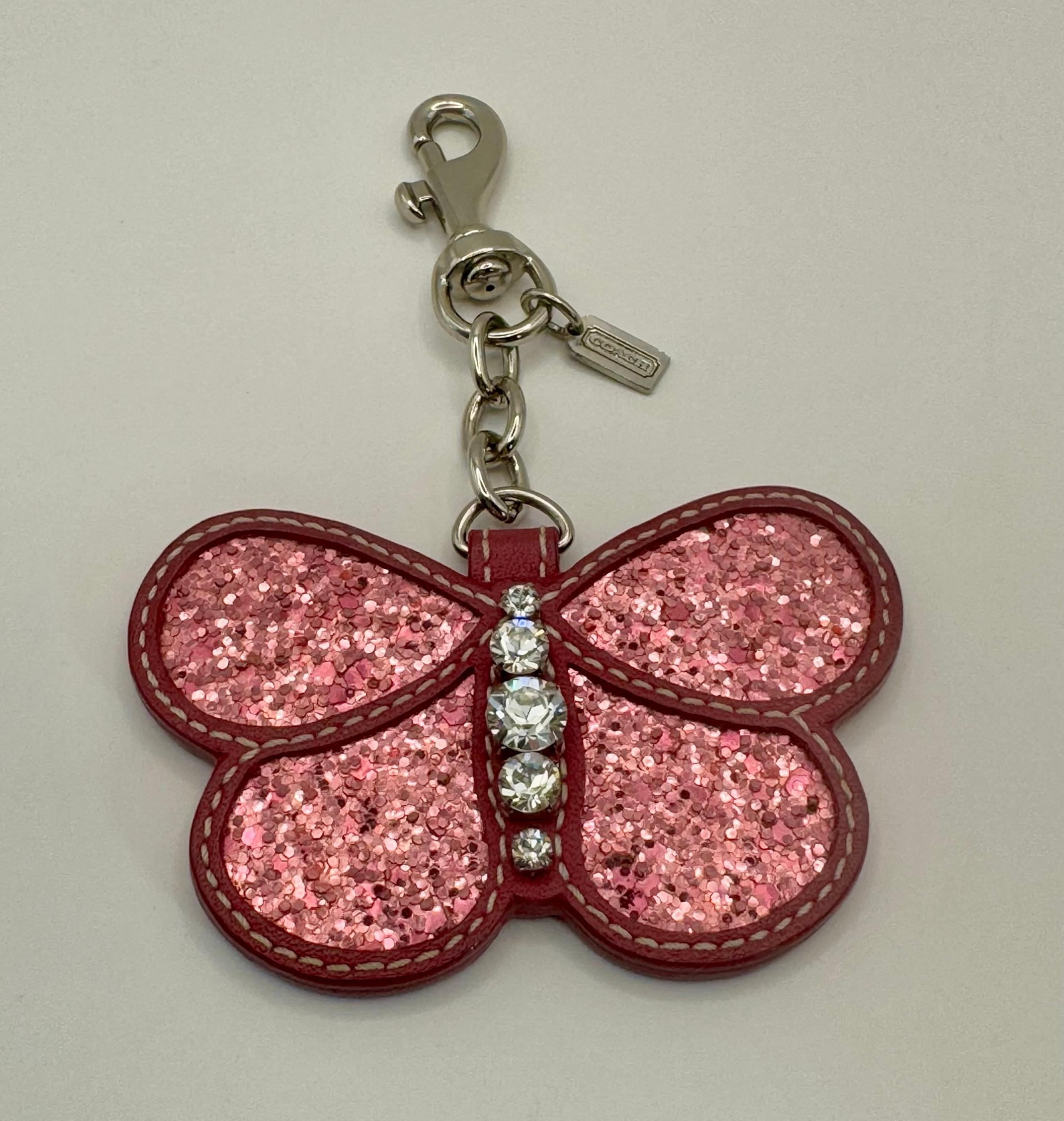 Vintage Coach Poppy Pink Glitter Butterfly Leather Bag Charm with Rhinestones