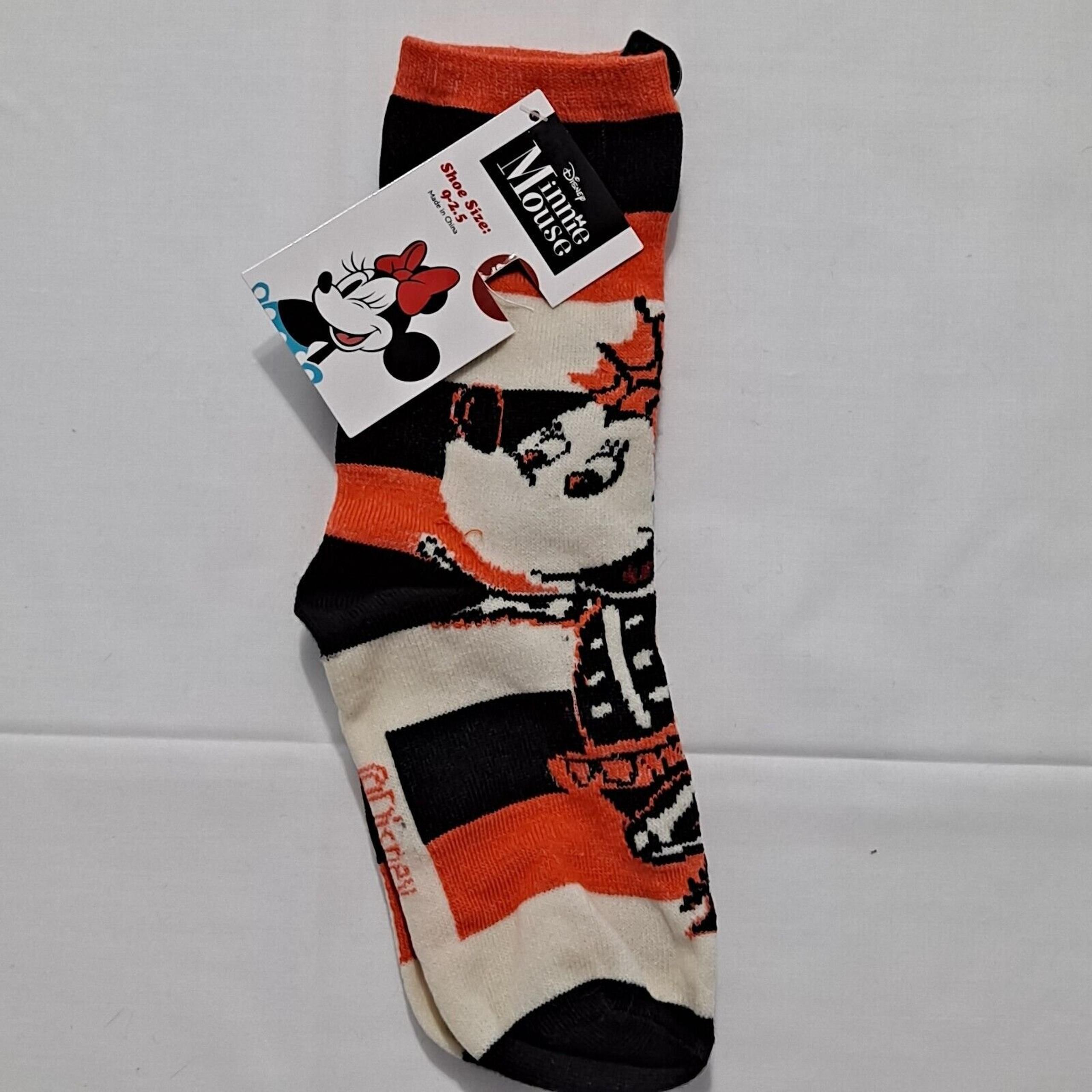 Women's Pair Halloween MINNIE MOUSE 9-11 Crew SOCKS Shoe Size 4-10 Skeleton NEW