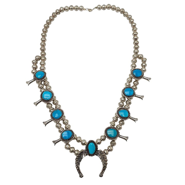 Vintage Navajo Sterling Silver Sleeping Beauty Turquoise Squash Blossom Necklace