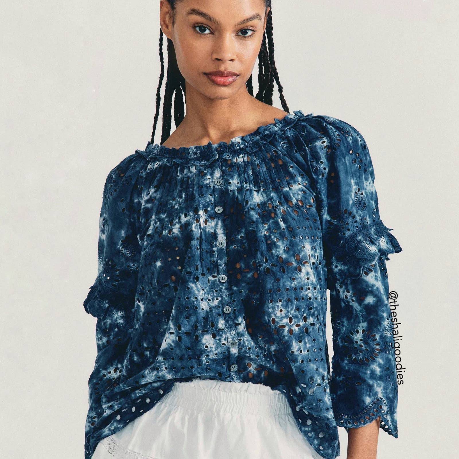 LOVESHACKFANCY Pietro Top Floral Eyelet Blouse Navy Purple