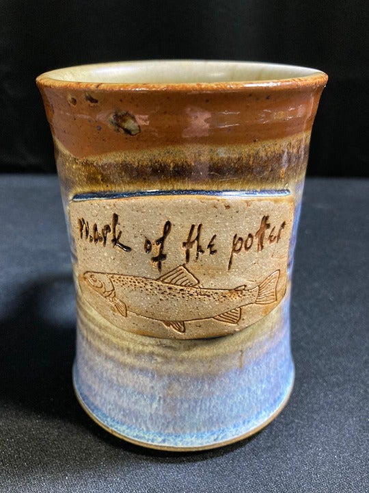 Very Unique Mark of the Potter Stoneware Mug w Fish Engraved on Front Blue/Brown