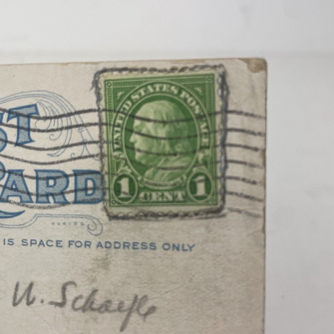 Ben Franklin Rare One Cent Stamp 1 Cent On Vintage Riverside California Postcard