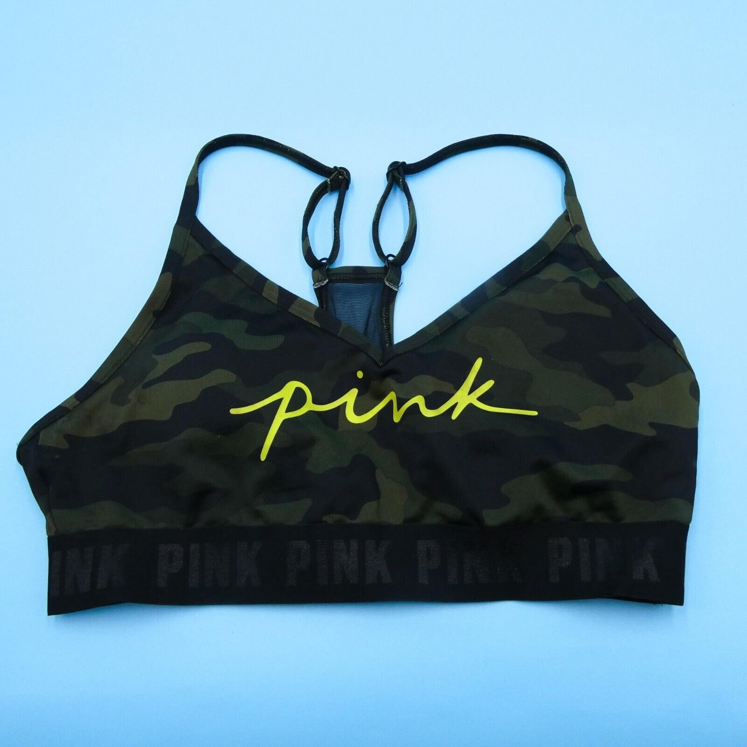 Victorias Secret Sports Bra Medium Green Camo Ultimate Lightly Lined Logo Active
