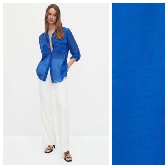 NWT. Massimo Dutti Blue Semi-Sheer Oversized Shirt. Size 6.