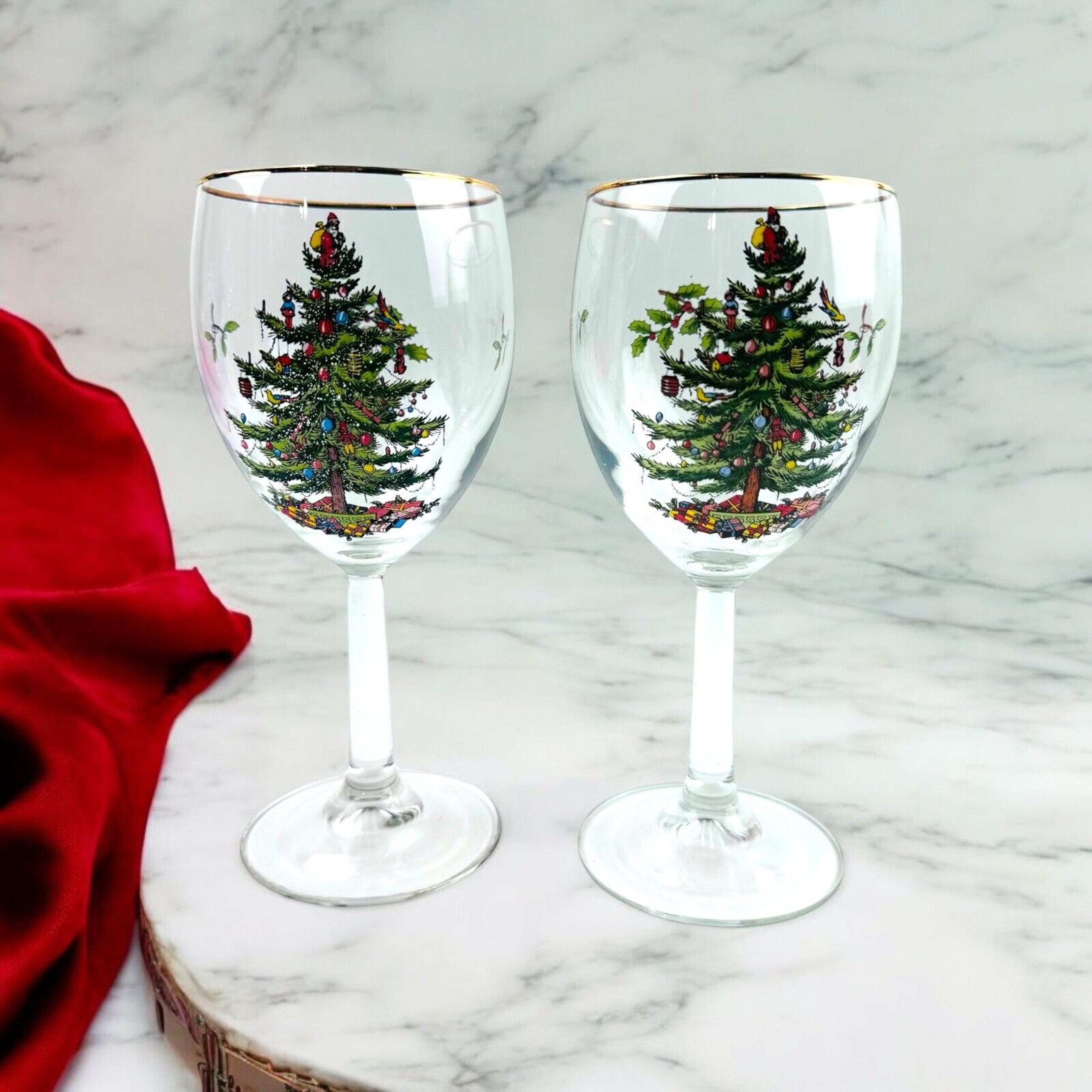 Spode Christmas Tree Set Of 2 All Purpose Wine Glasses Gold Rim Vintage