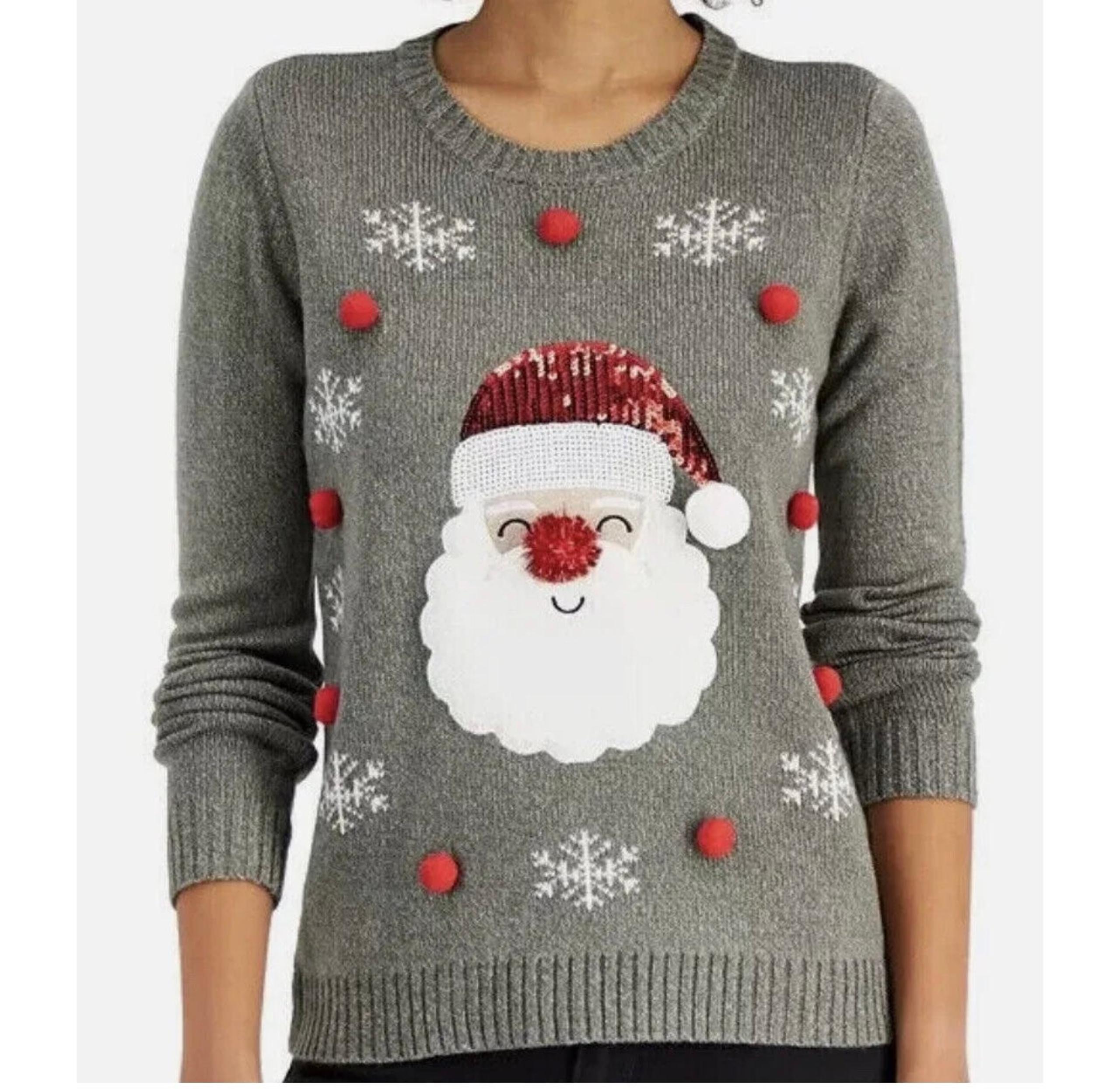 Karen Scott Sequined Santa Pompon Christmas Holiday Sweater Size S