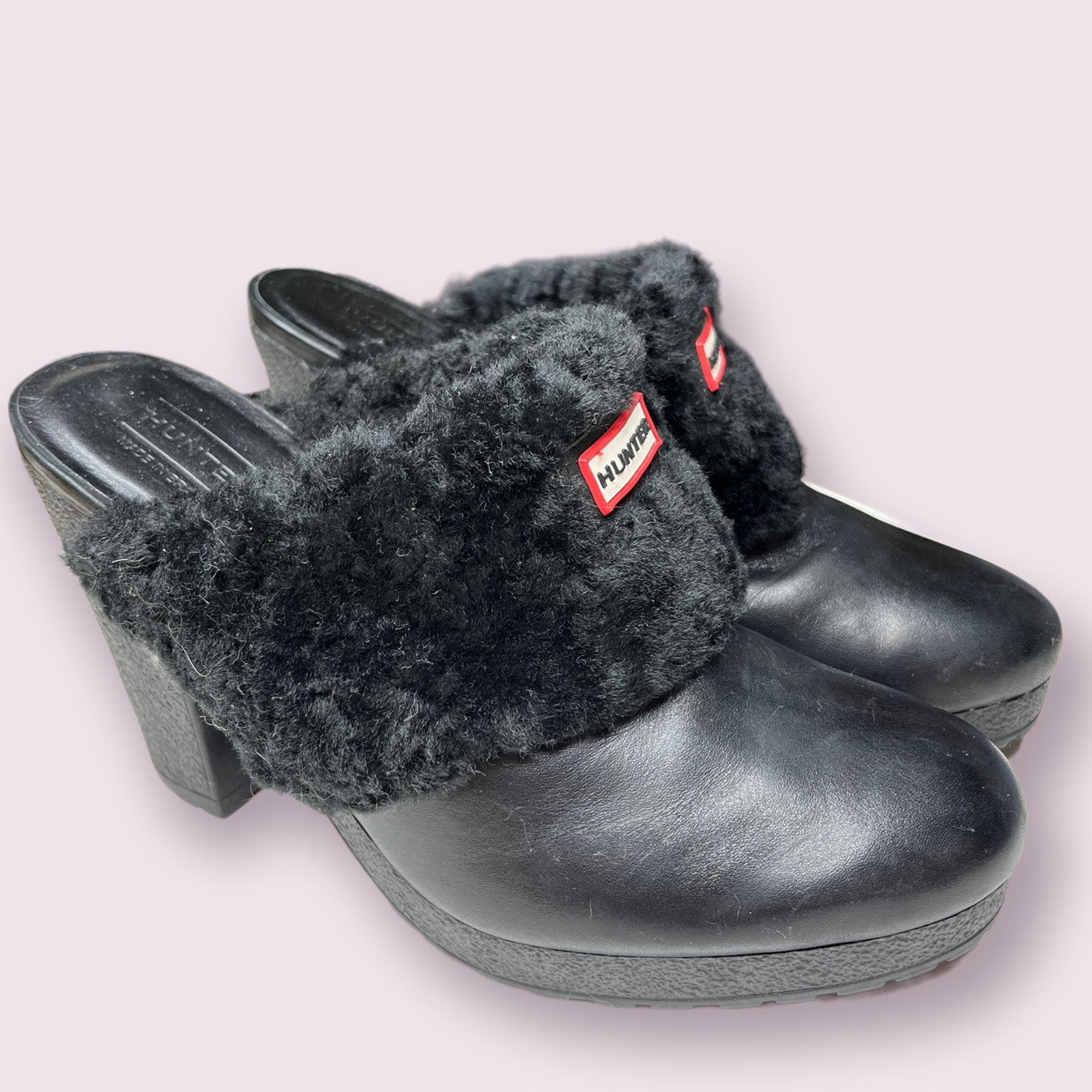 Hunter Black Fleece Shearling Leather Mules