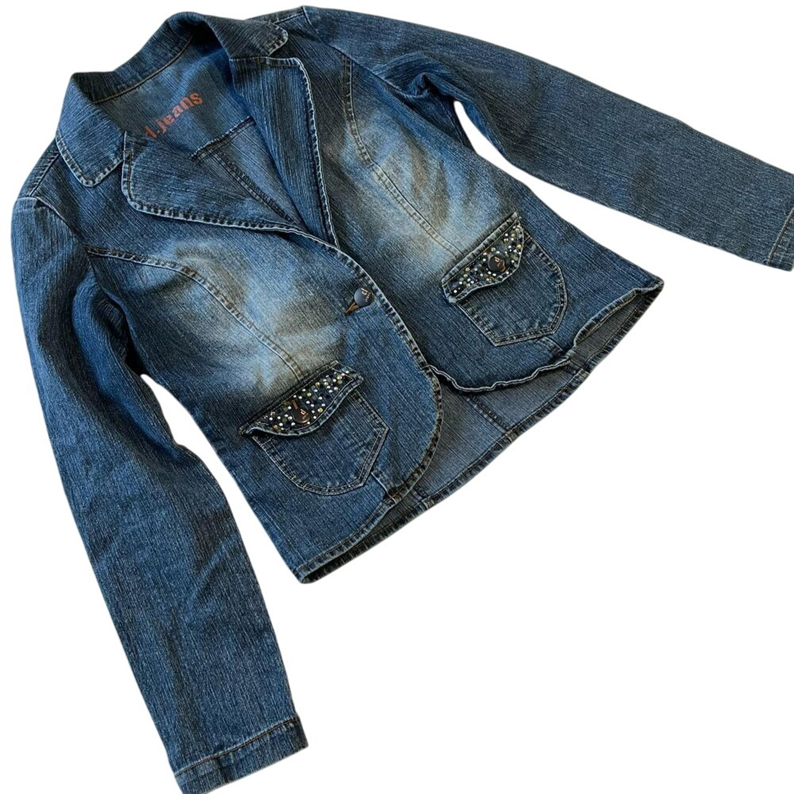 D Jeans Embellished Denim Blazer Jacket Studded Pockets Fitted Y2K Style Size M
