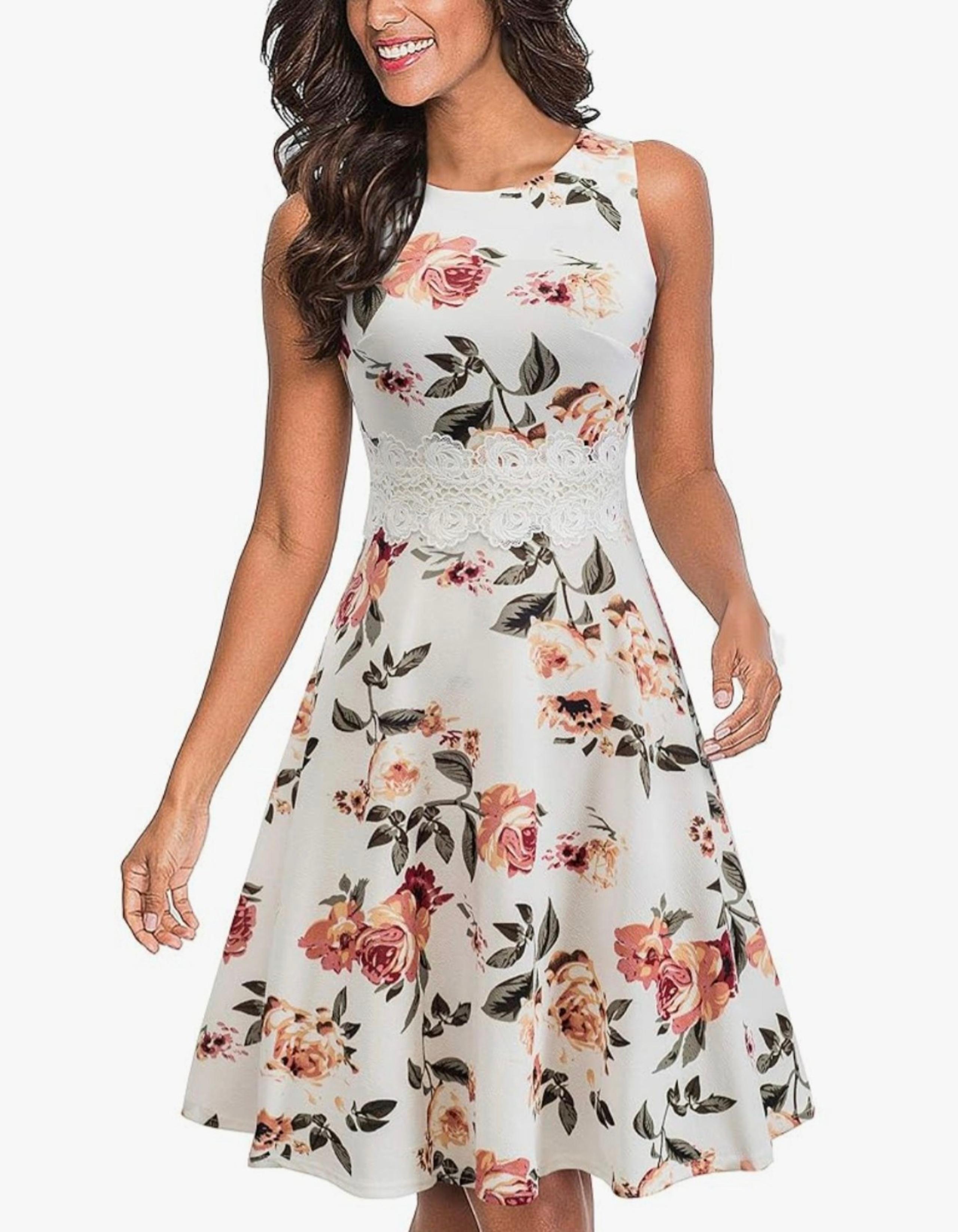 Elegant Floral Midi Dress with Lace Waist #766