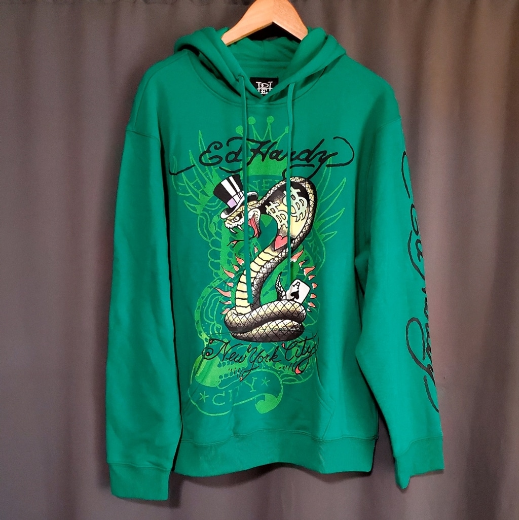 Ed Hardy Green New York City Snake Poker Graphic Hoodie Size XL NWT