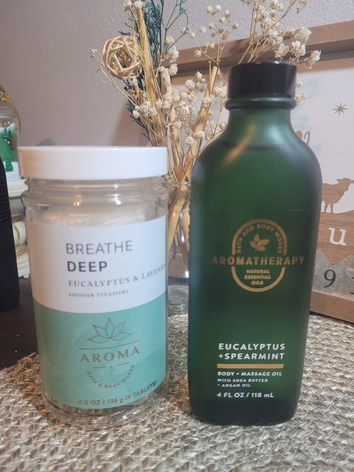 Duo Aromatherapy Relaxing Eucalyptus Massage Oil and Bath Bombs. Bath and Body W