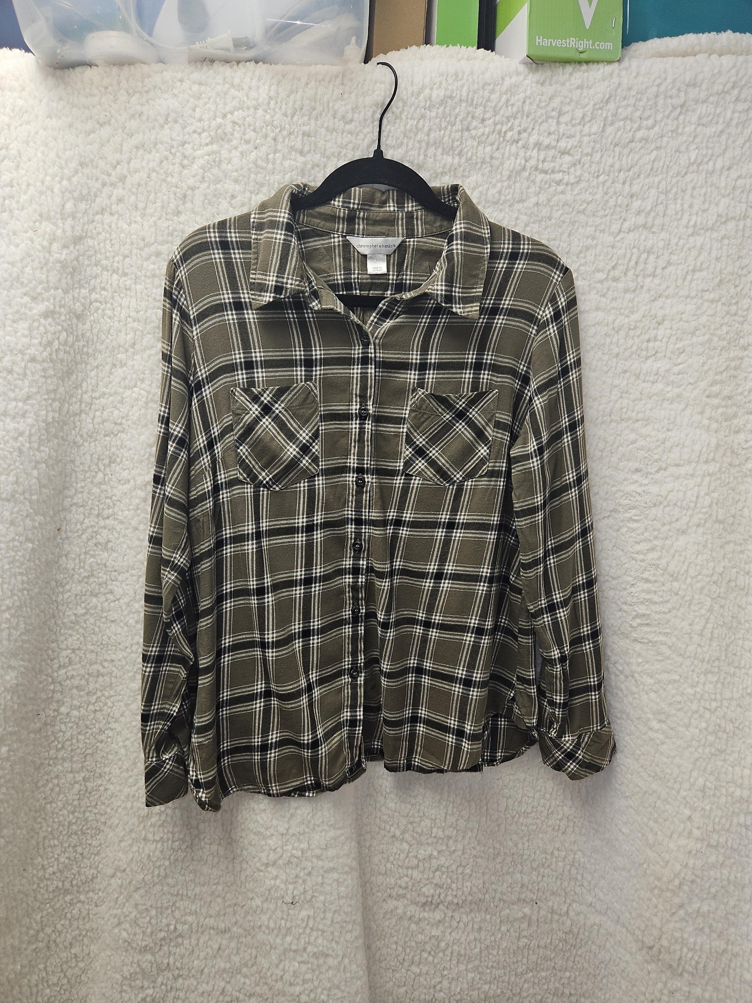 Christopher Banks Button Down Flannel Olive Green/Black/White Shirt Women's L