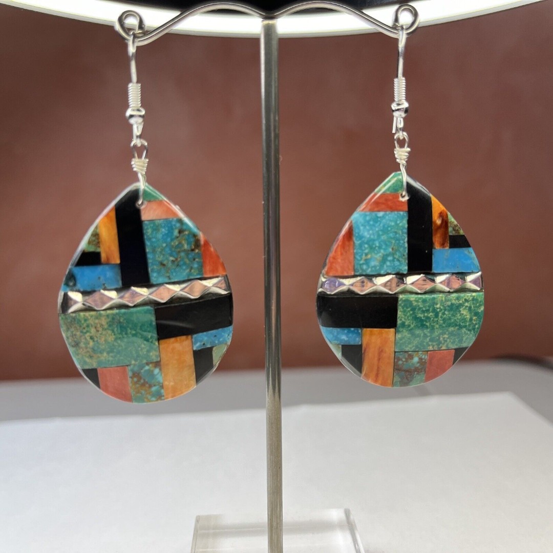 Sterling Silver Multistone Inlay Earrings