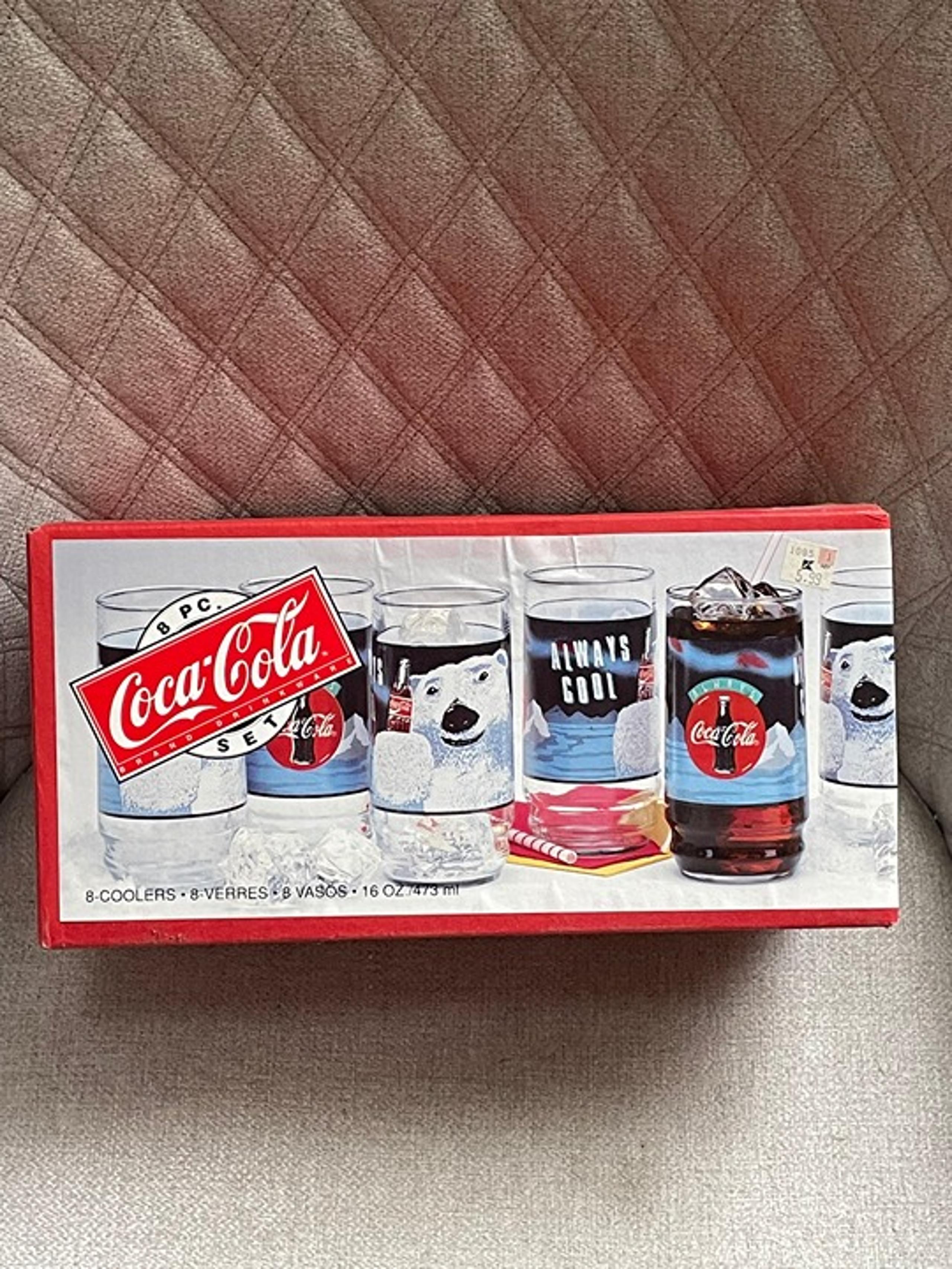 Vintage 1995 Indiana Glass Coca Cola 8 Piece 16oz Drinking Glass Set New In Box