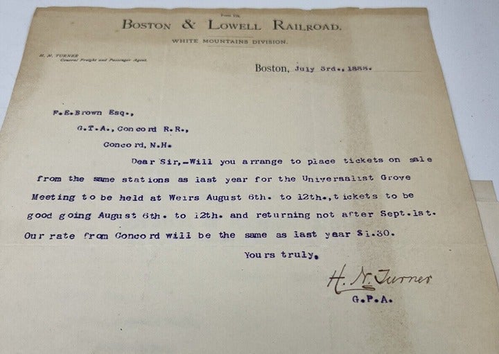 Paper letters Vintage Railroad Boston & Lowell Conversation Fare Travellers 1887