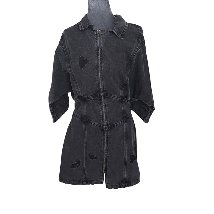 Malibu Bum Black Denim Distressed Zip Front Mini Dress Size L