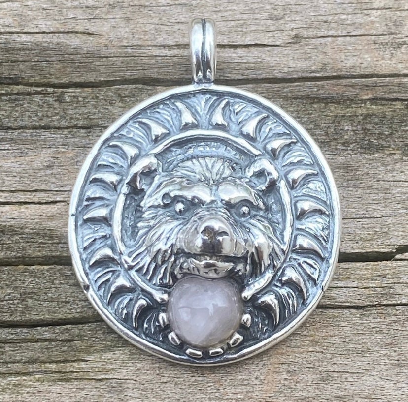 Bear Medicine Pendant .925 Sterling Silver genuine Rose Quartz gem Made In USA