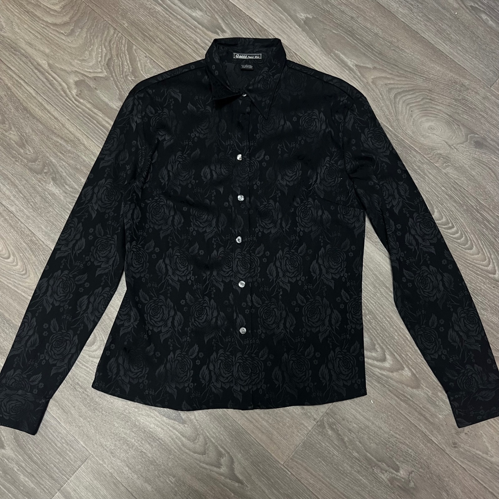 Guess Jeans USA Floral Button Down Shirt Long Sleeve Black Patterned Size Large