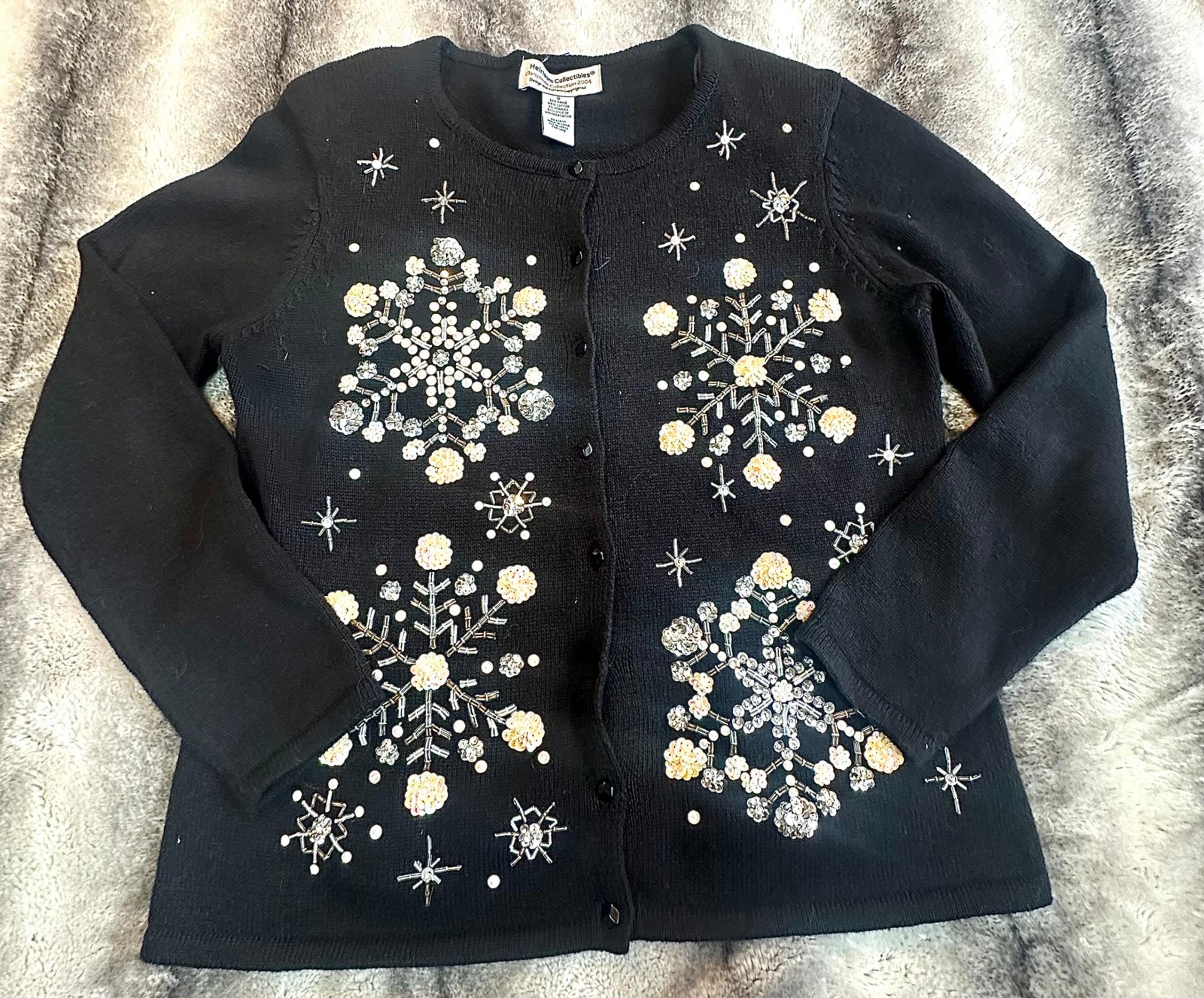 VTG Heirloom Collectibles Blk W/Sequin/Beaded Snowflakes Cardigan Sweater Sz S