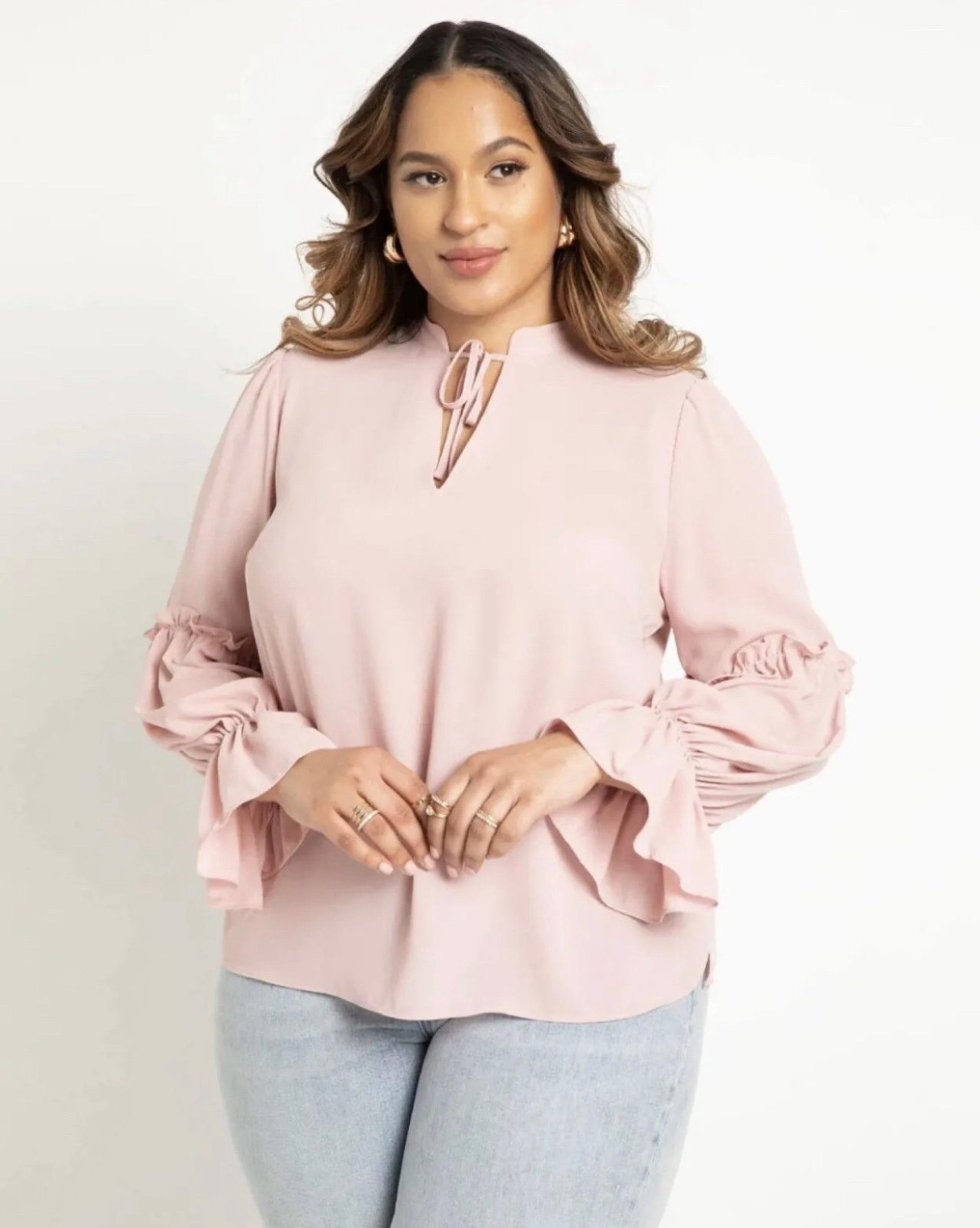 Eloquii Women's Plus Size 16 Ruffle Detail Blouse With Ties Dusty Rose