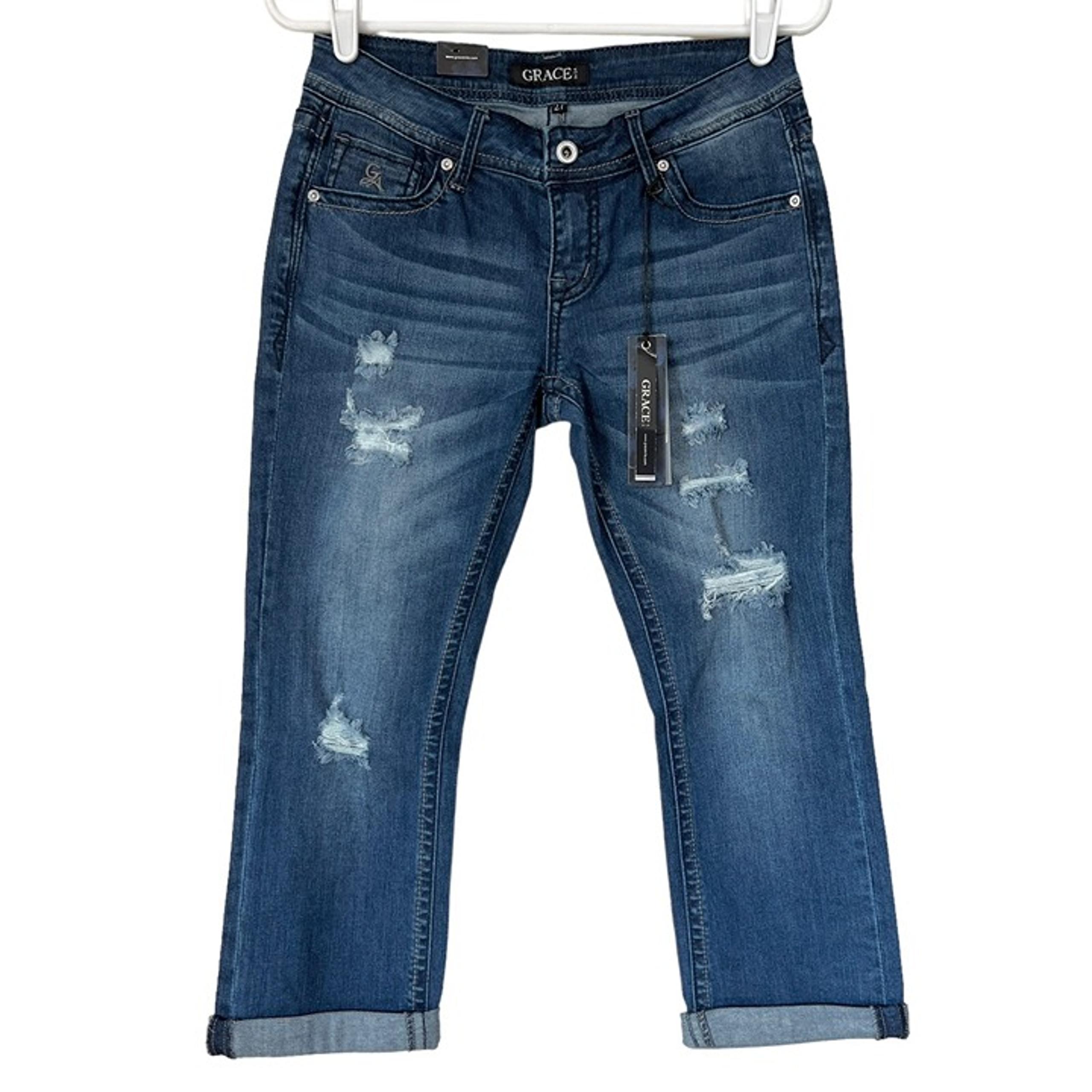 NWT Women Blue Crop Jeans Sz 27 Distressed Stretch Low Rise Straight - Grace In LA