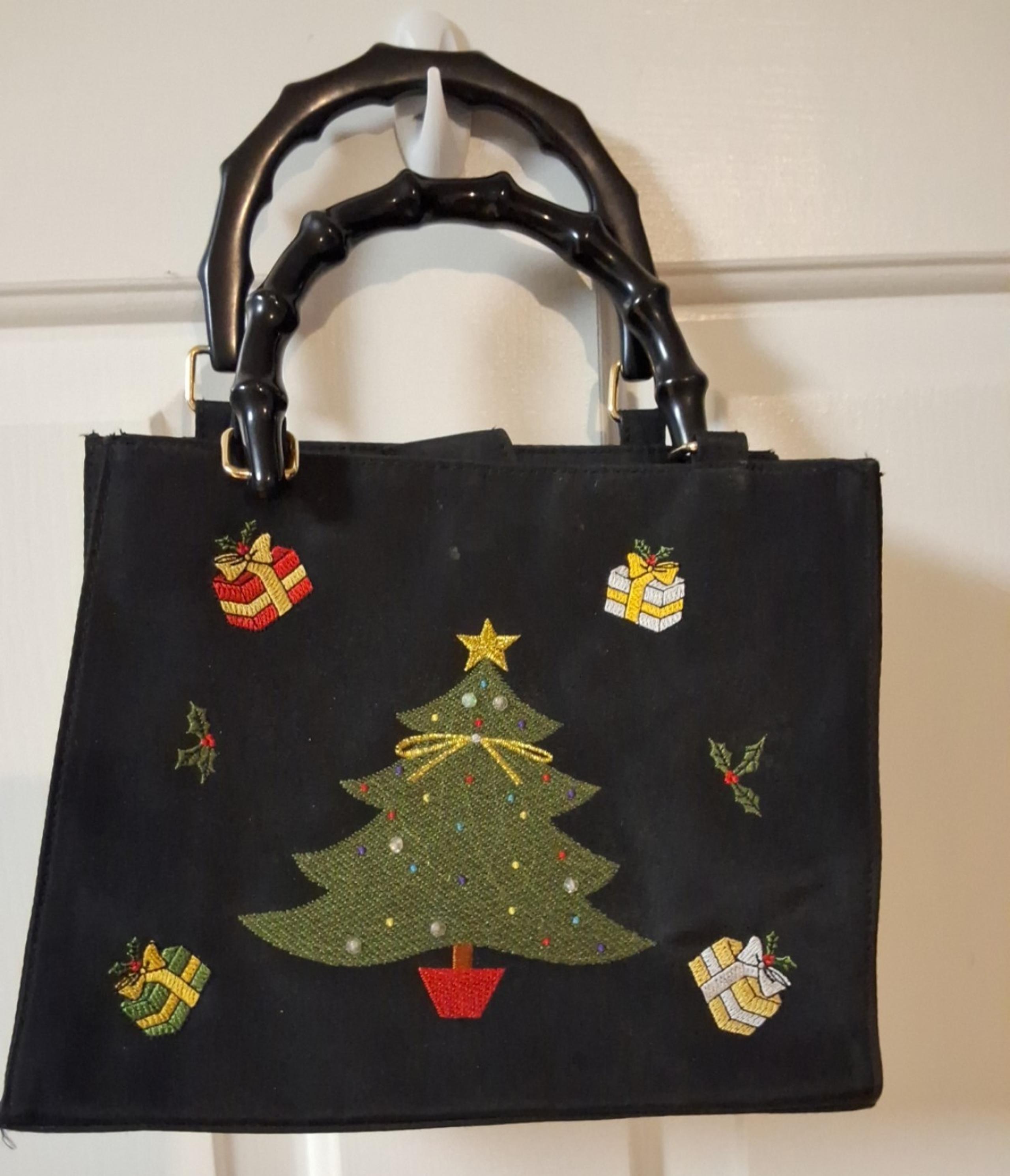 Kim Rogers Christmas Tree / Holiday Embroidered Canvas Handbag Purse Bag